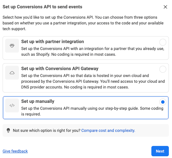 Selecting the set up manually option