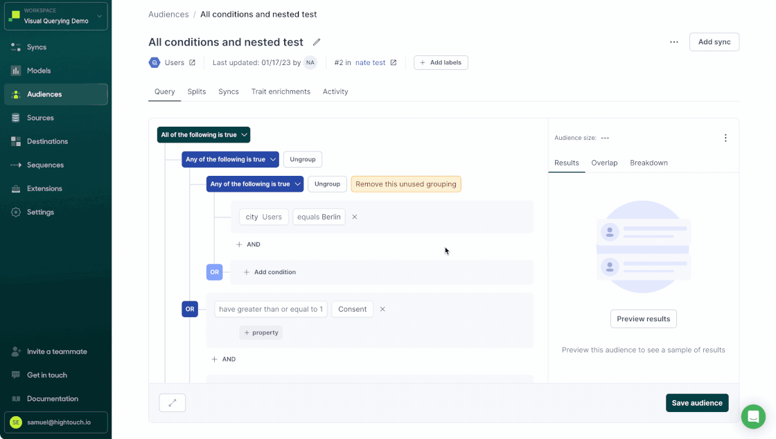 Hightouch Audiences query builder