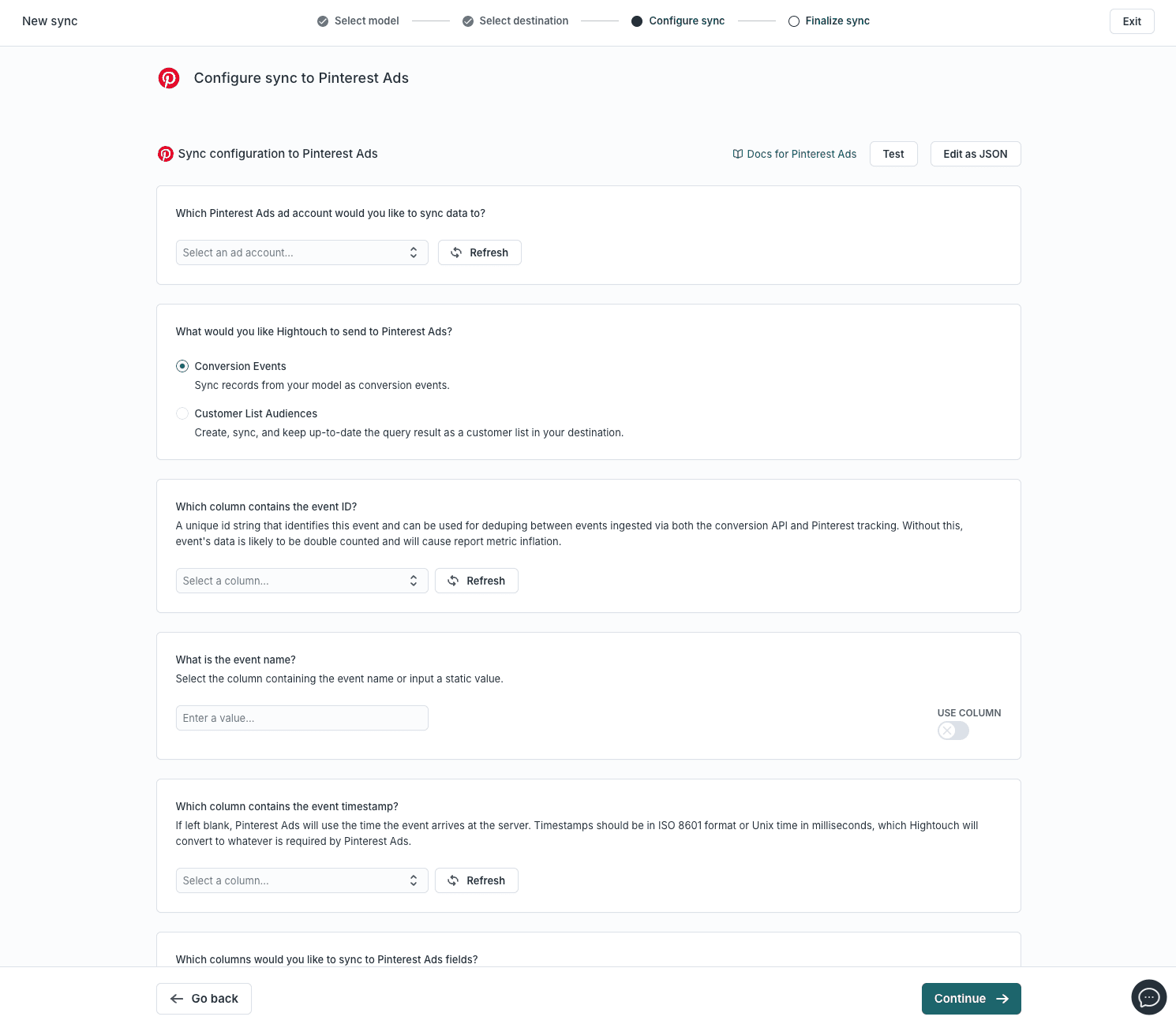 The sync setting for Pinterest in Hightouch