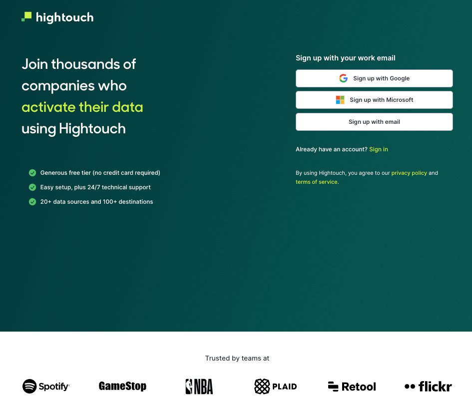A screenshot of the sign-up page of Hightouch
