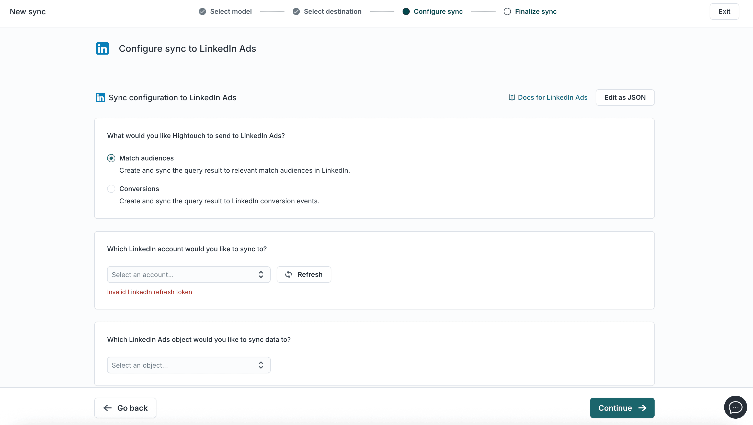 The sync settings for setting up a LinkedIn destination in Hightouch