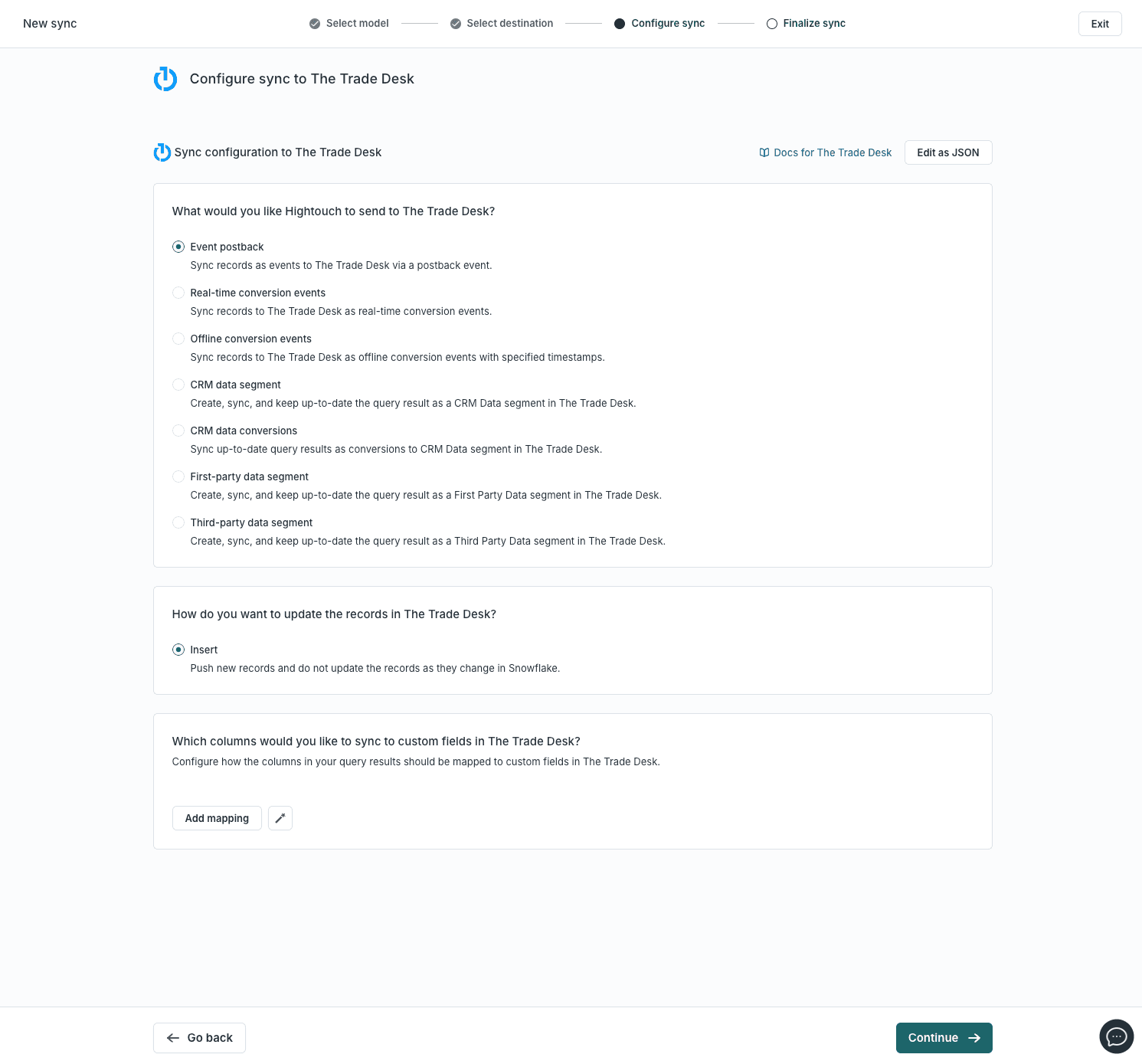 The sync settings required for The Trade Desk