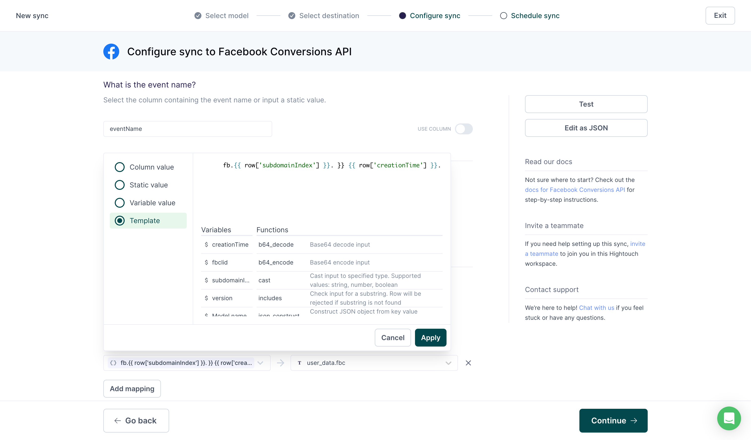 configuring a Hightouch sync to the Facebook Conversions API