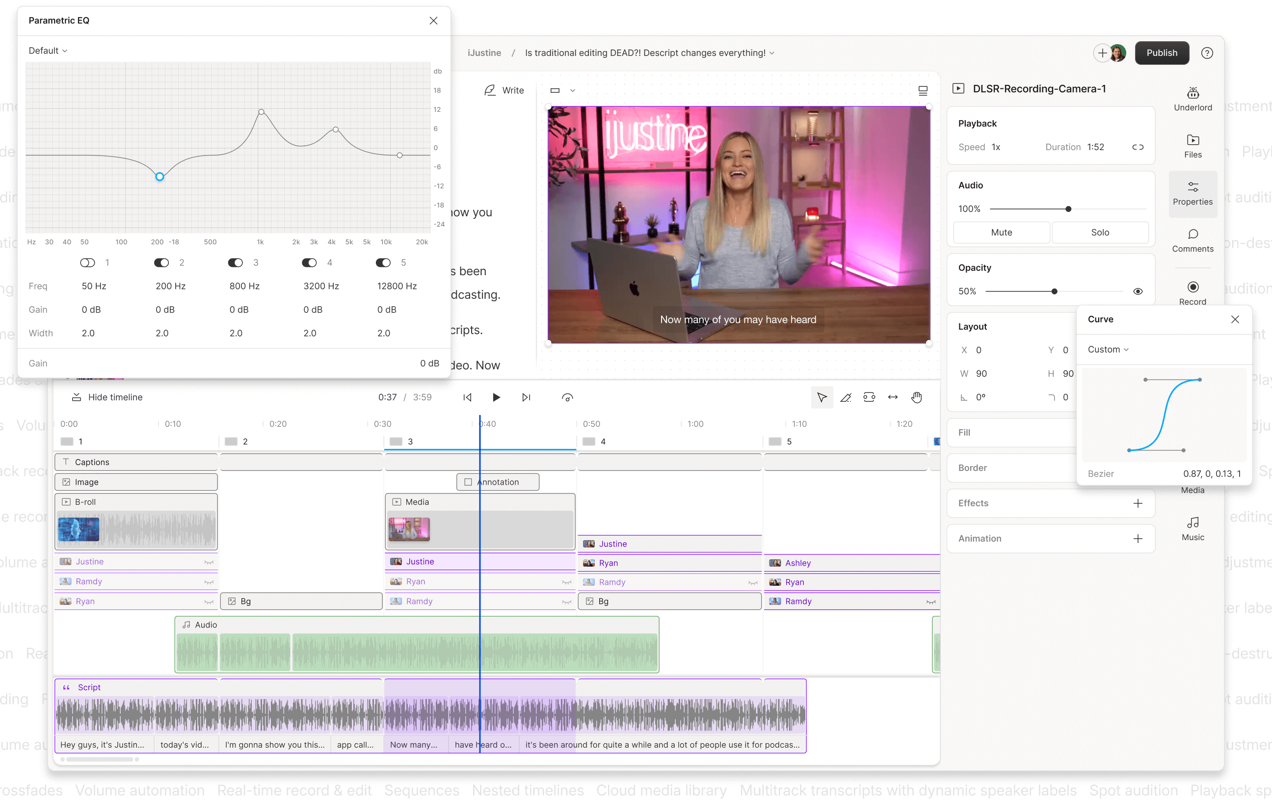 The Descript video editor screen