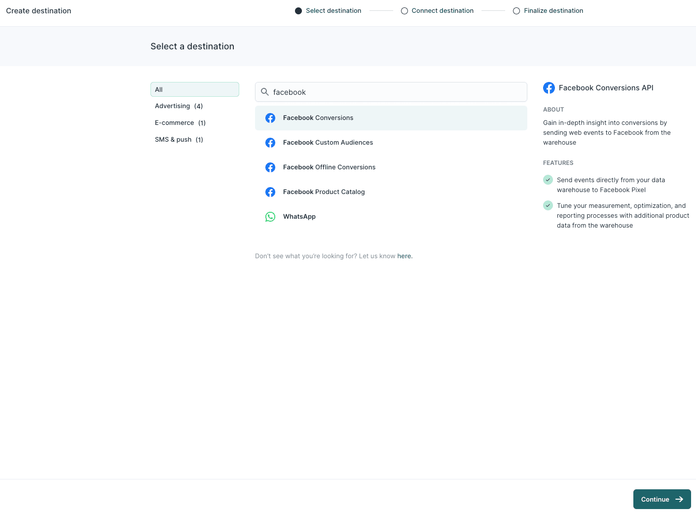 Selecting Facebook CAPI as a destination in Hightouch