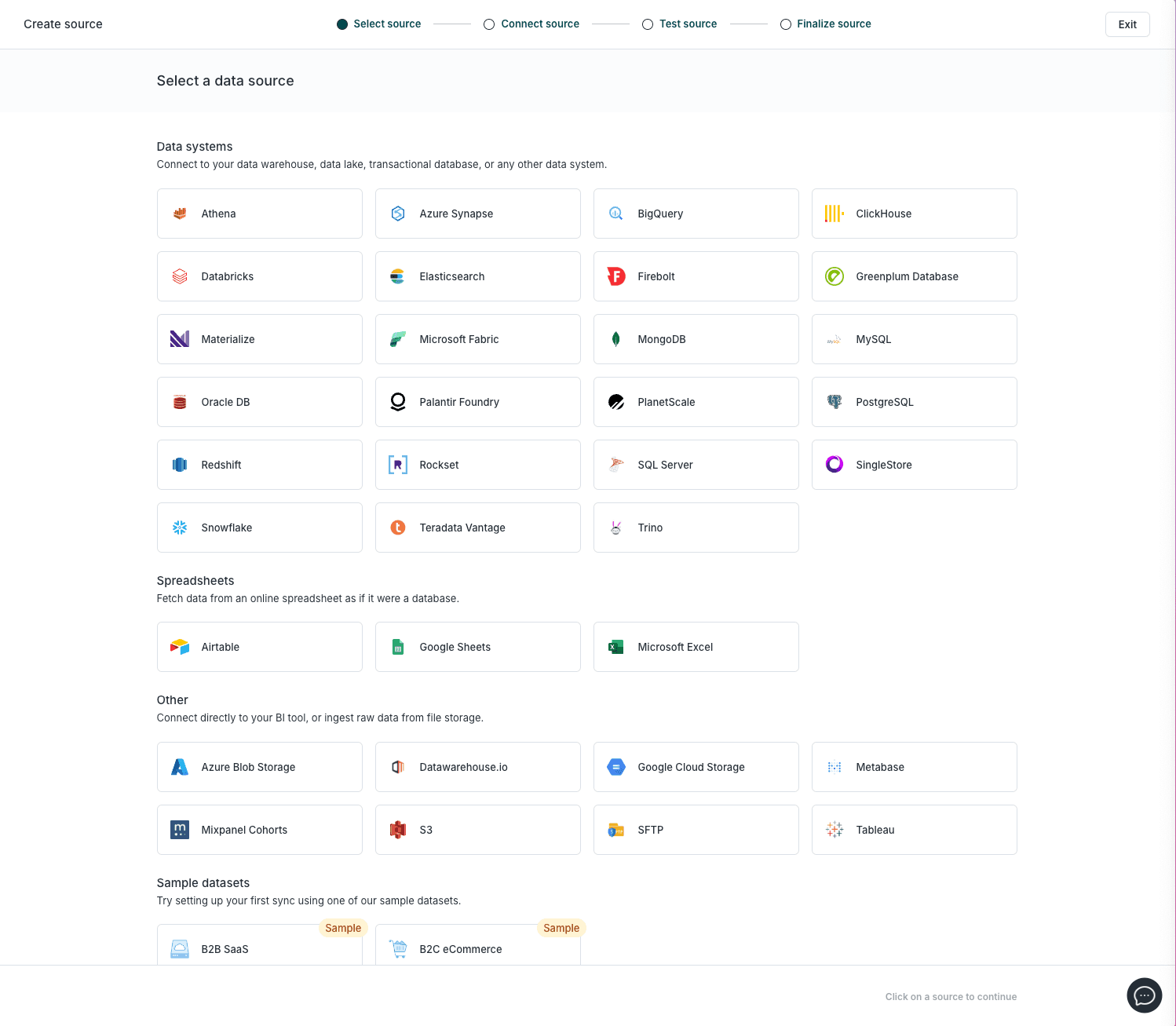 The data source connections screen in Hightouch