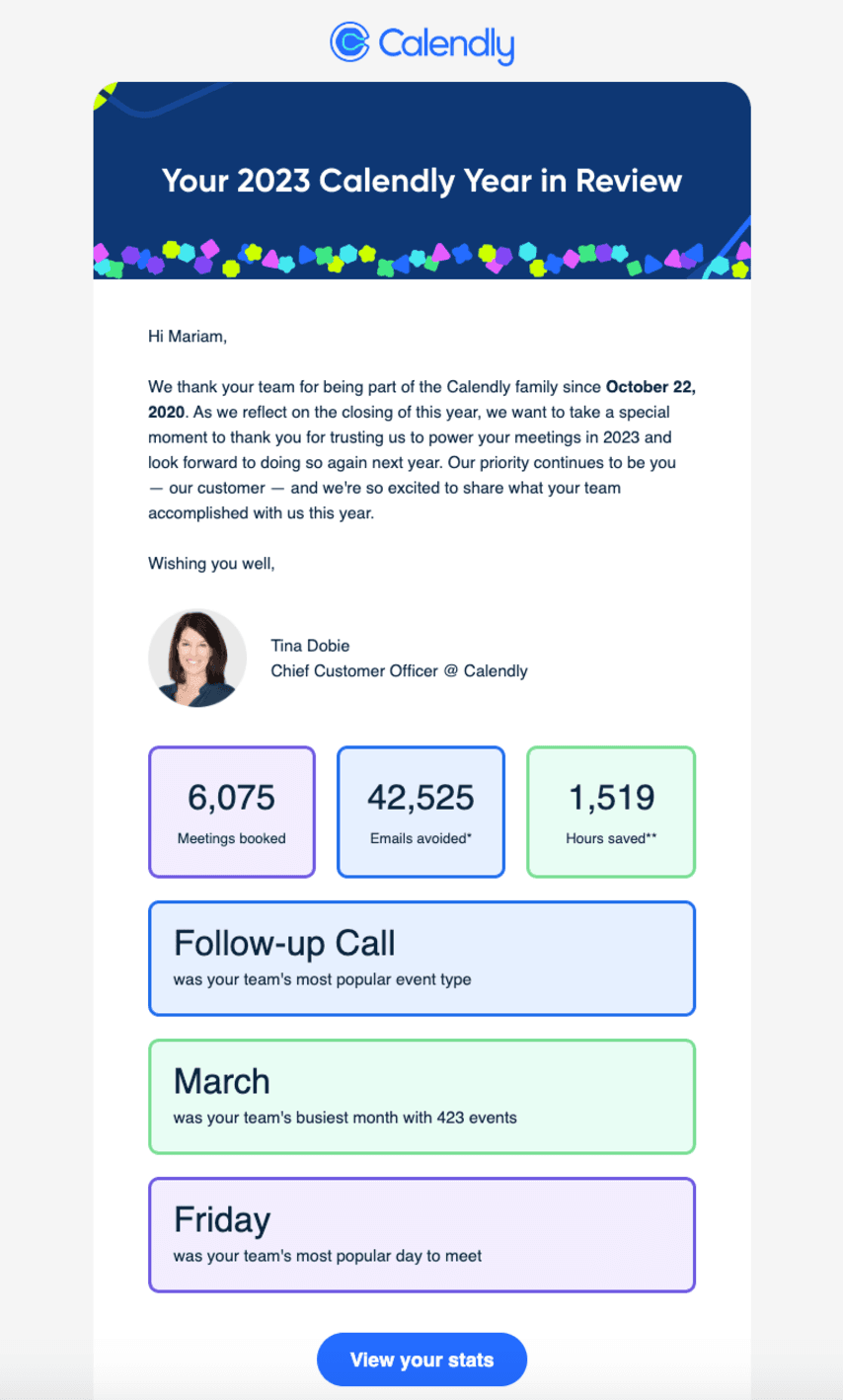 Calendly's year in review email from 2023