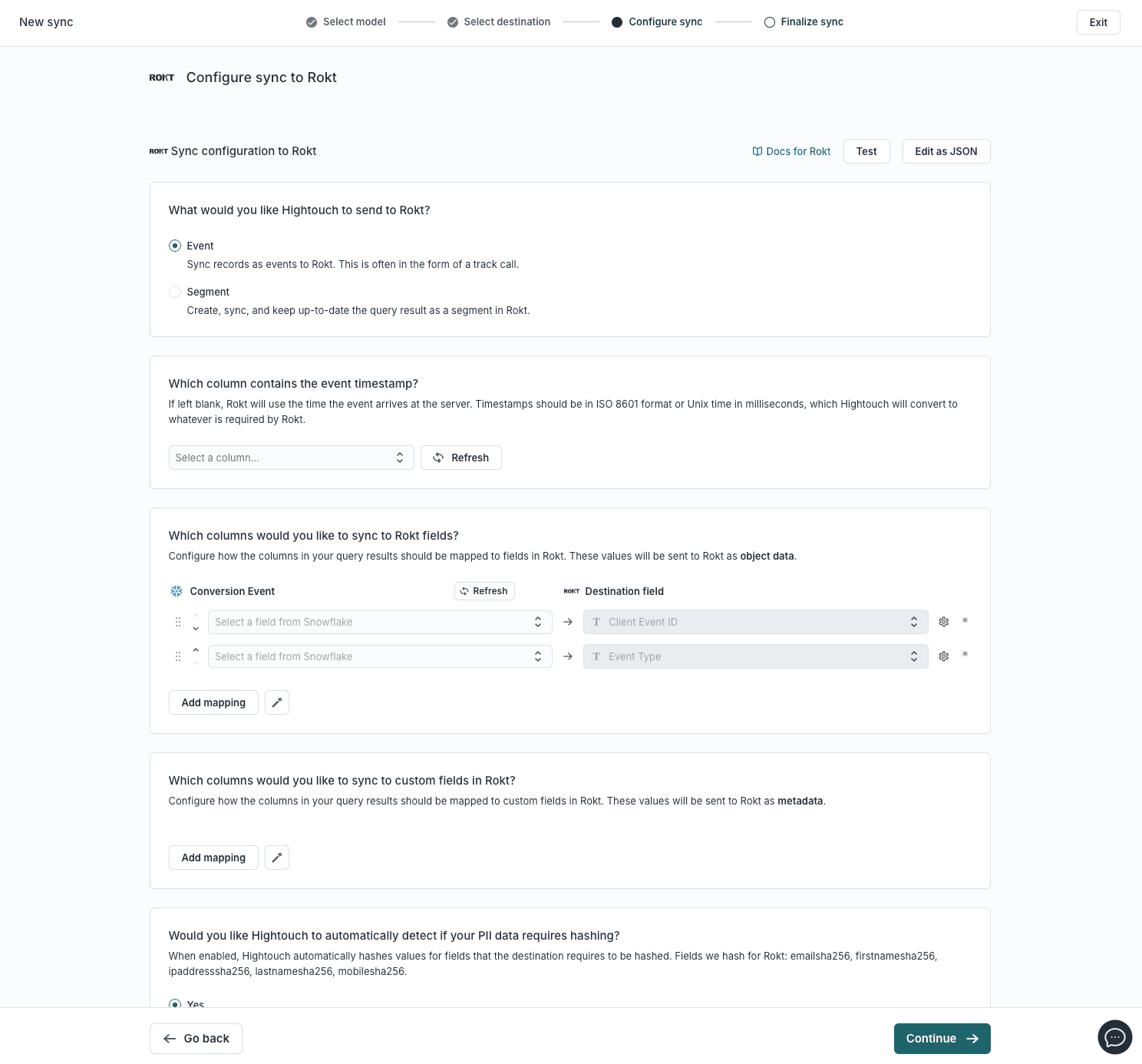 The sync settings for Hightouch for Rokt