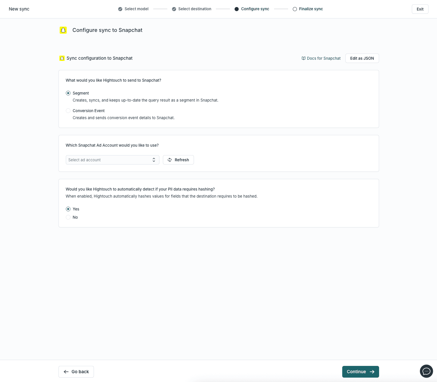 The sync setting of Snapchat in Hightouch