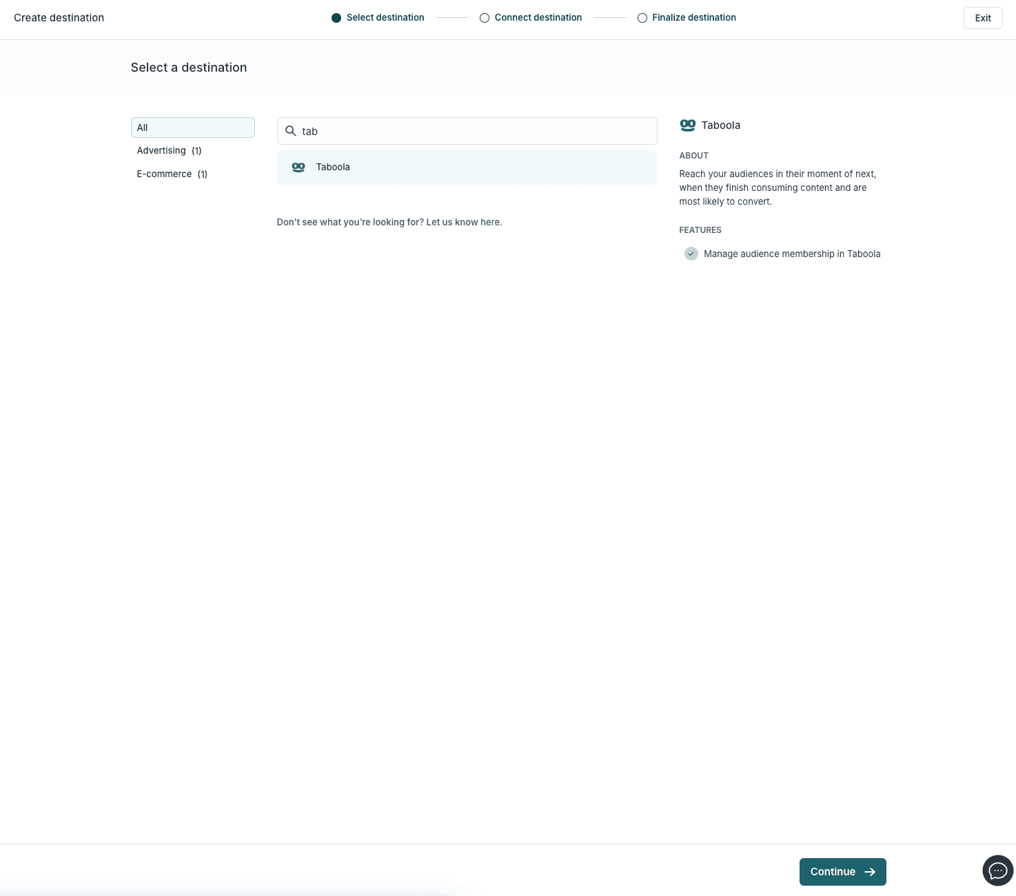 The Hightouch destination search showing Taboola
