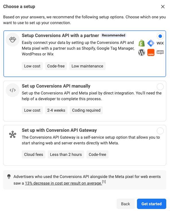 Selecting conversion API with partner