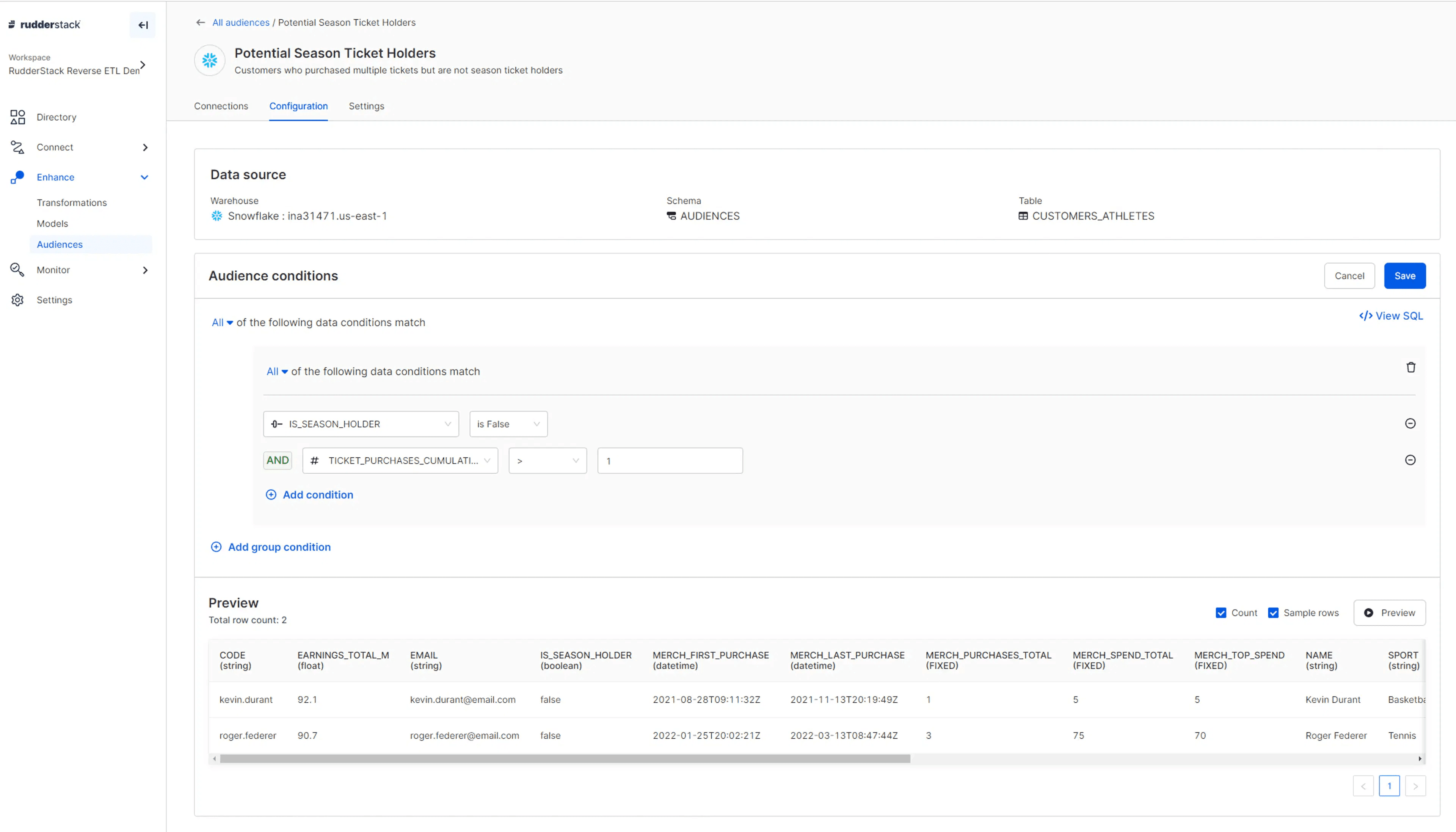 RudderStack's audience builder