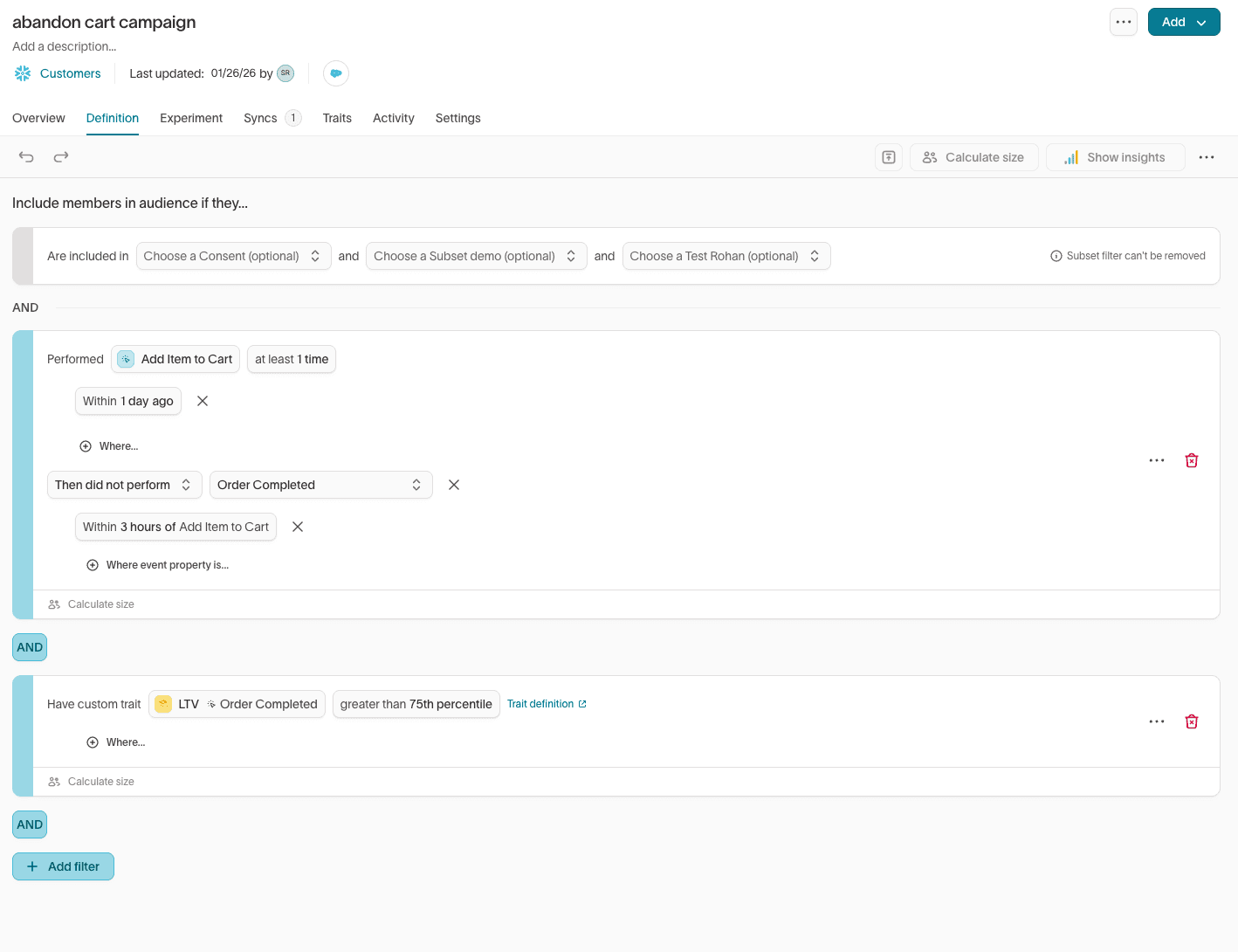 Image of the no code builder, Customer Studio, where users can build their own audiences from data from the warehouse. This example shows an abandon cart audience