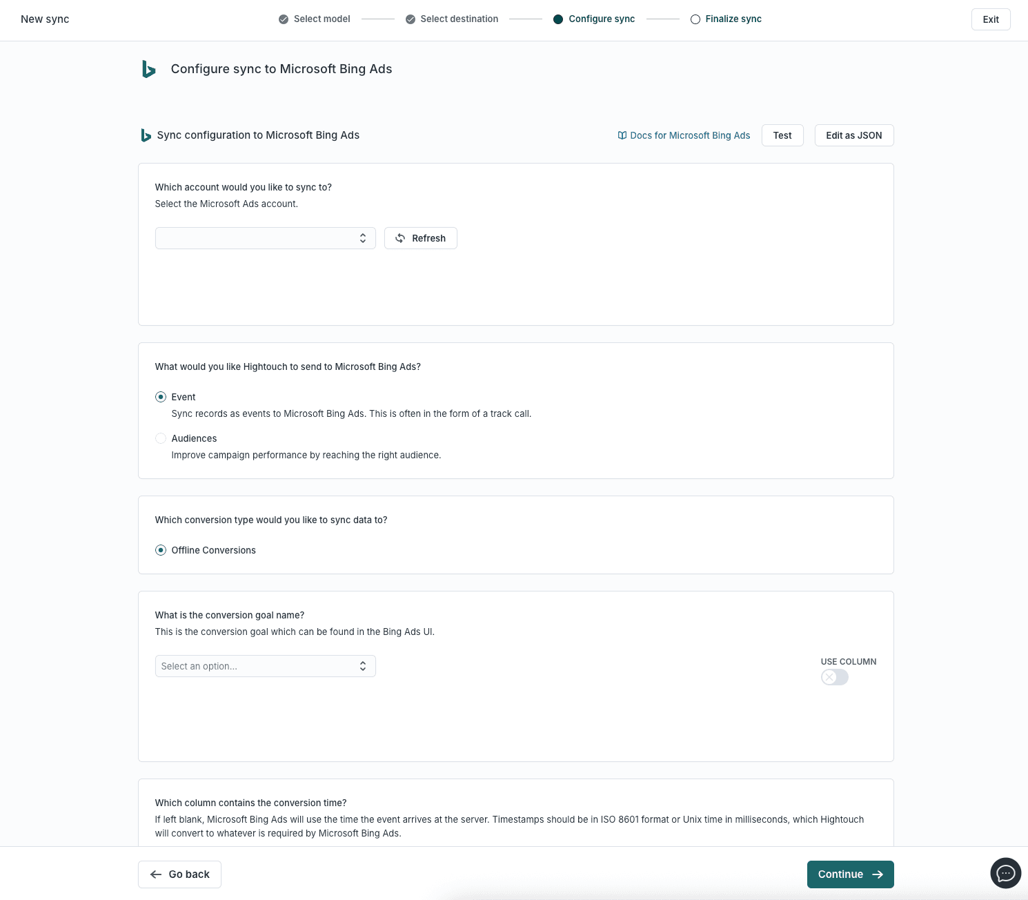 The sync settings for the destination of Bing in Hightouch
