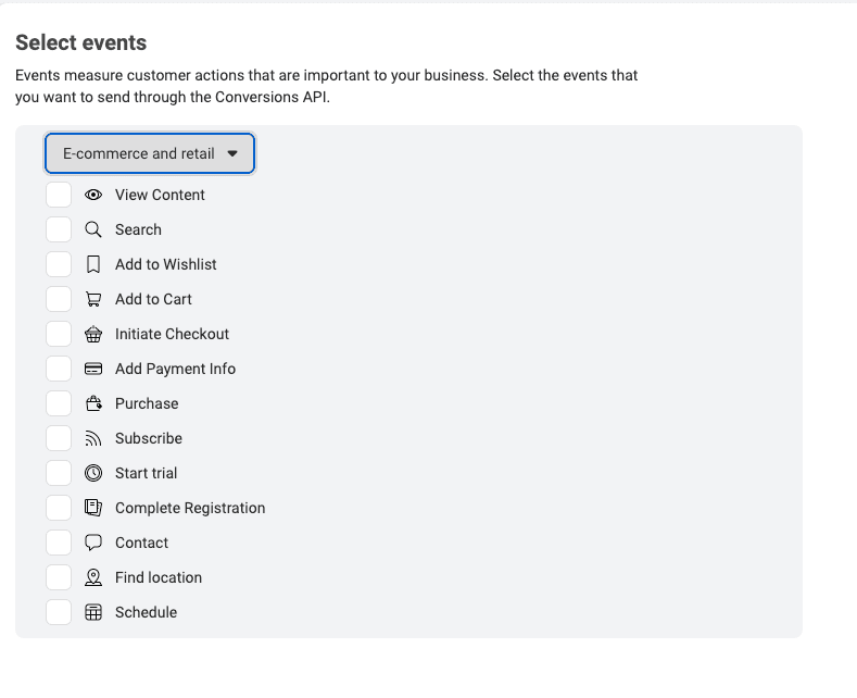 Selecting the events you can send via the Conversion API