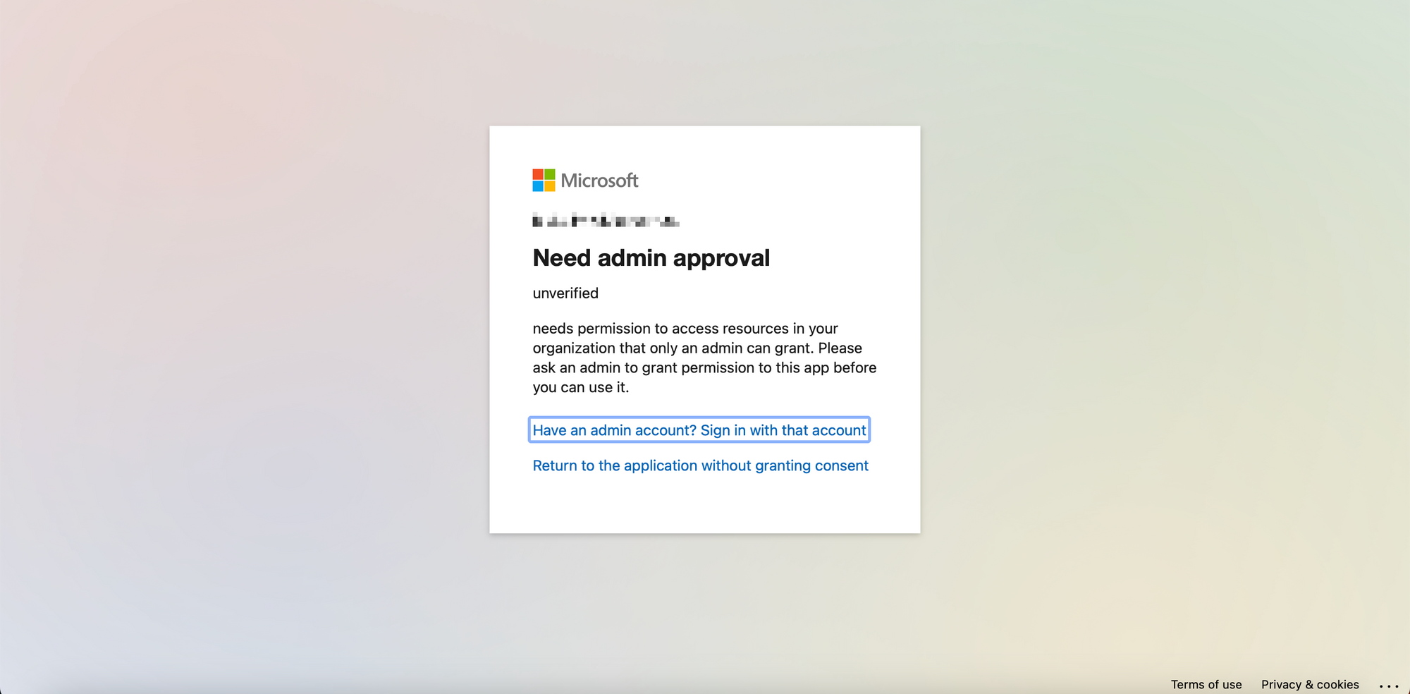 Microsoft's "Need admin approval" screen
