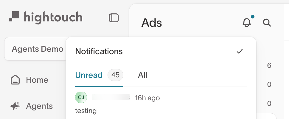 The Notifications panel open from the bell, with Unread and All tabs