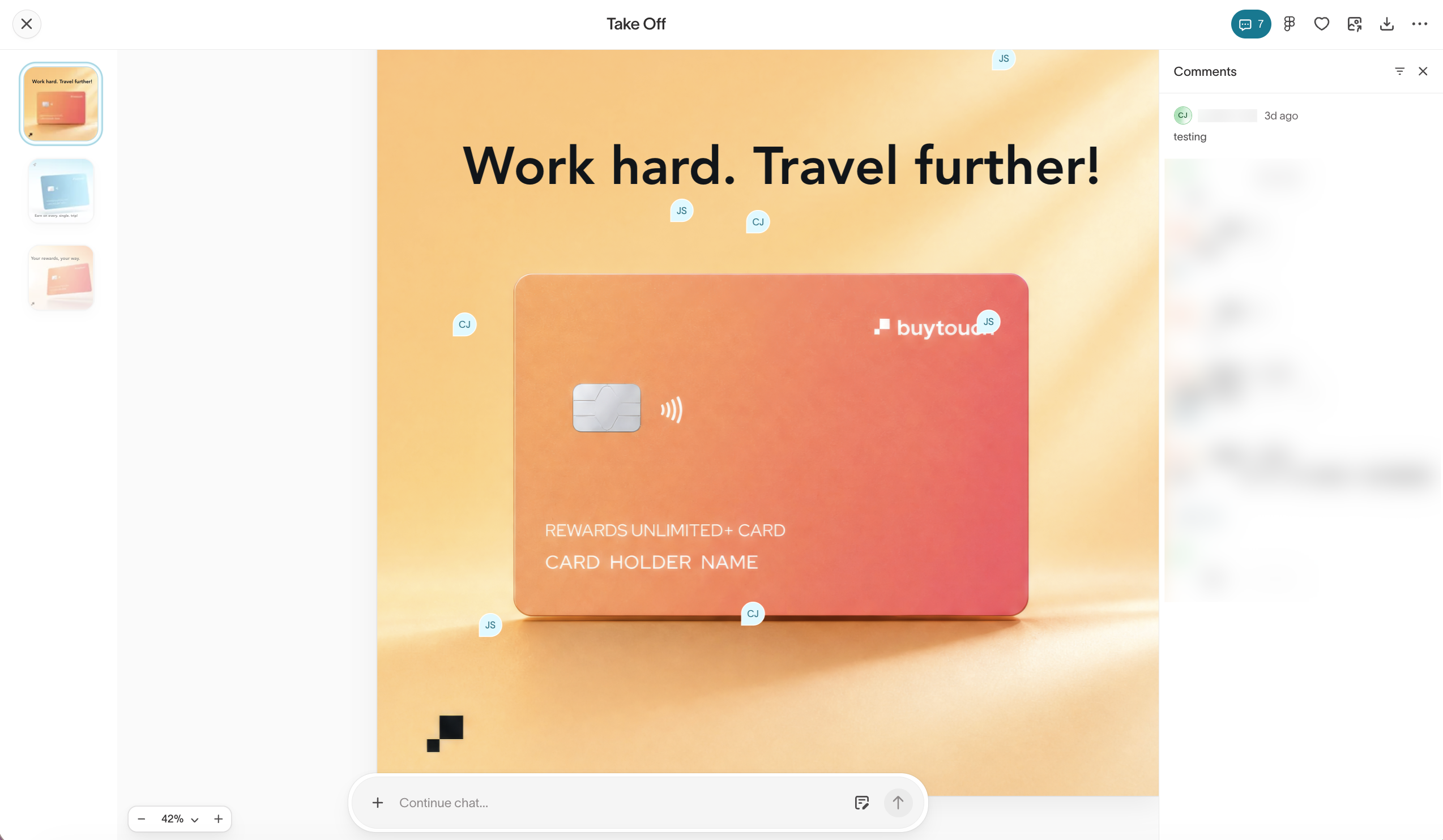 Comment mode on an ad with pins on the creative and the comments rail open