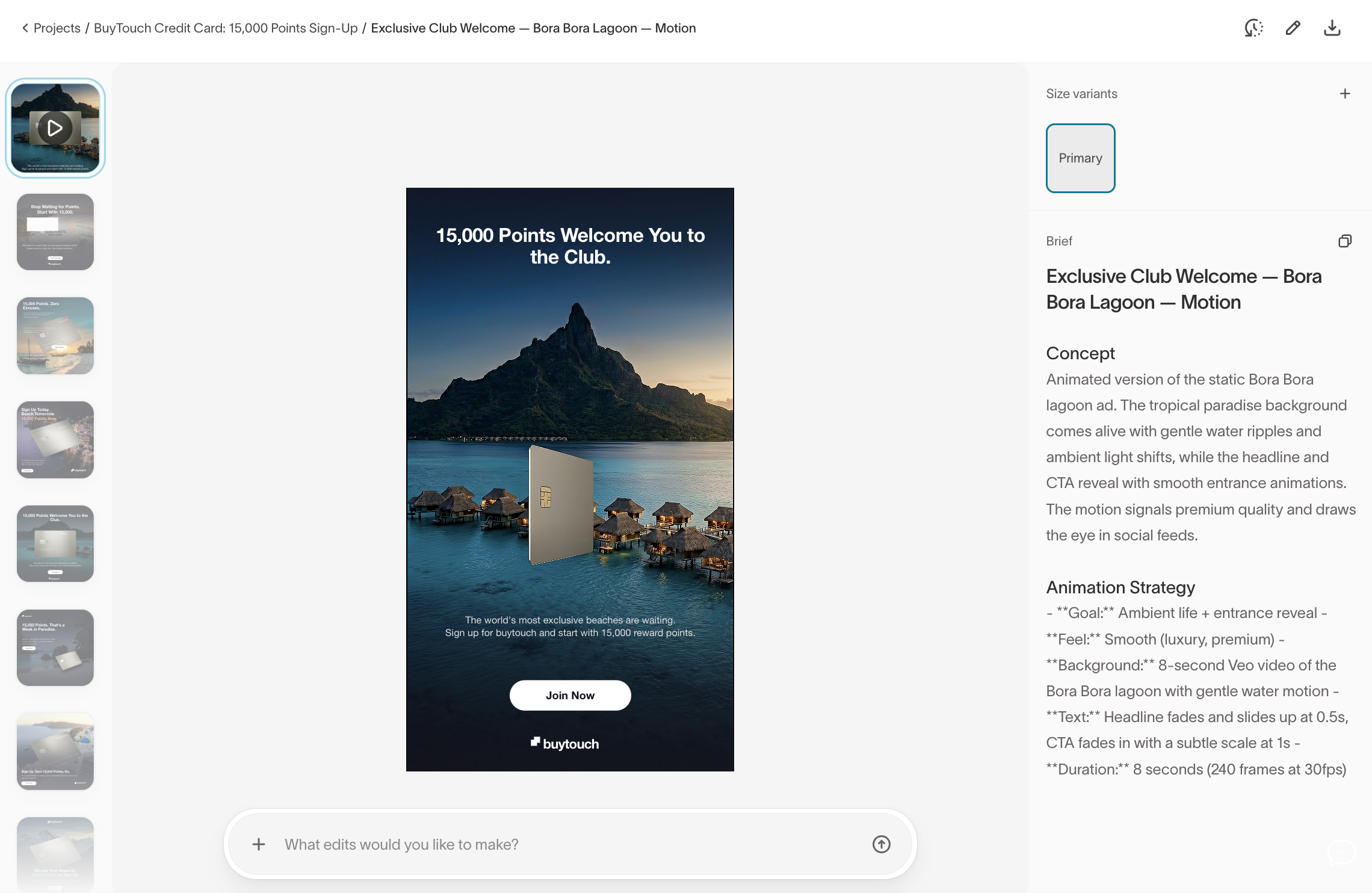 Ad editing workspace with agent chat, brief, concept, and size variants