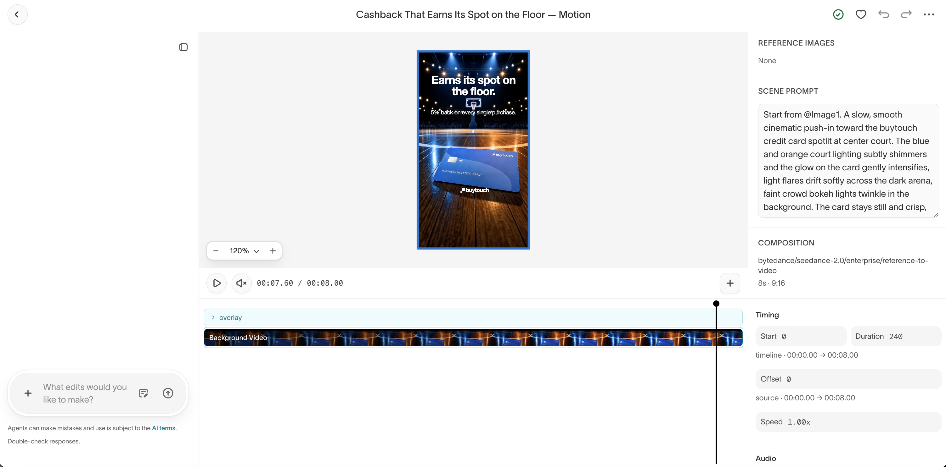 Motion ad editor with the video timeline, scene prompt, and composition controls
