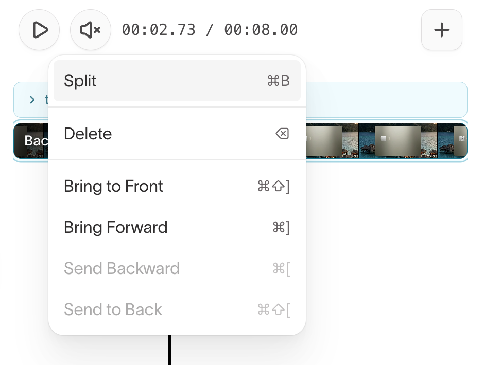 Timeline context menu with Split selected, cutting a video clip at the playhead