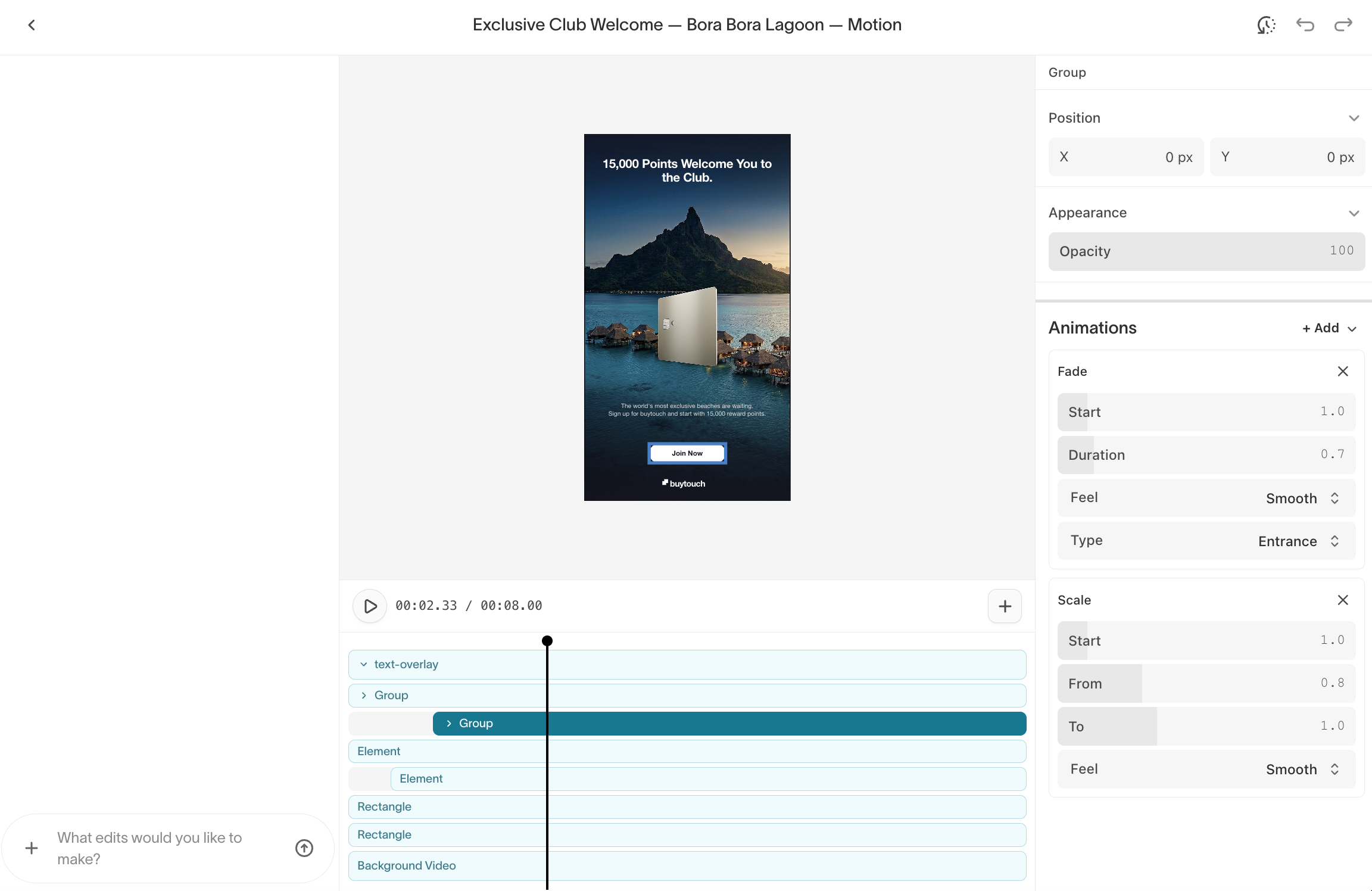 Visual editor with layers panel, timeline, and property controls