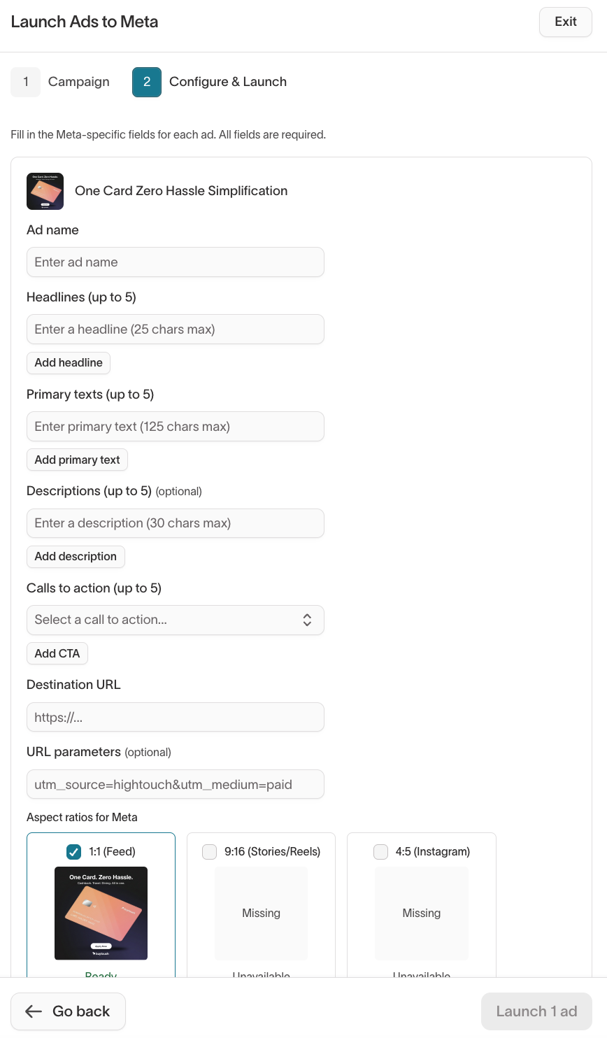 Launch step 2 — configure ad details and launch