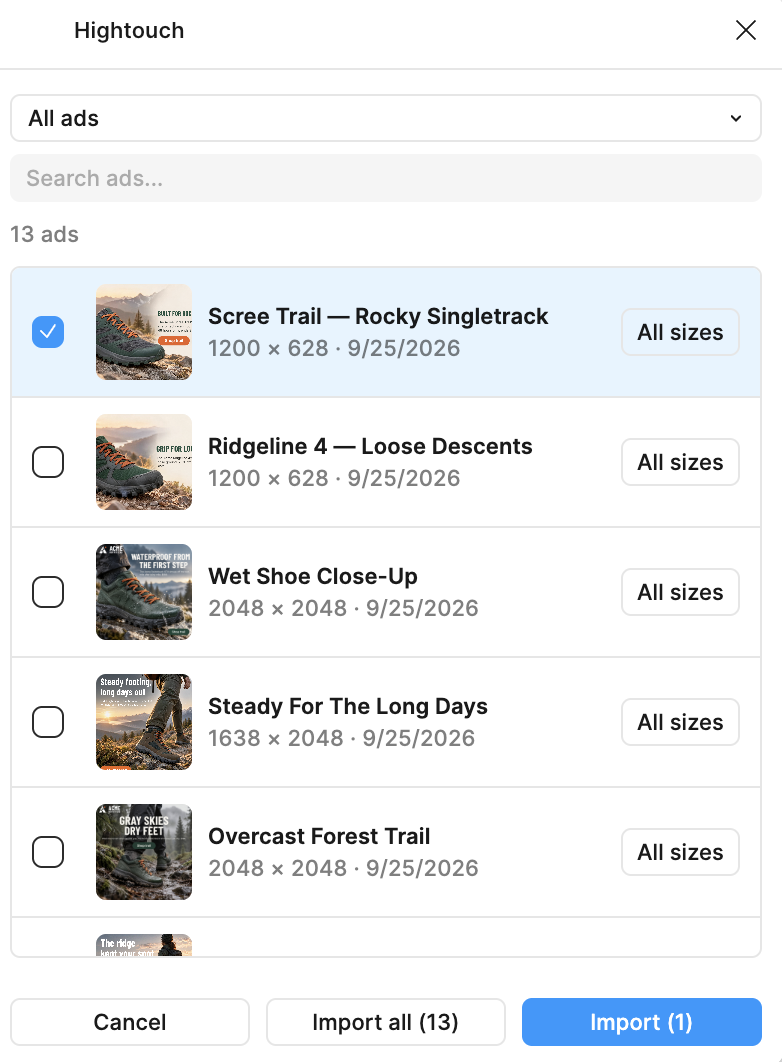 Hightouch plugin ad picker with one ad selected and the Import, Import all, and All sizes buttons