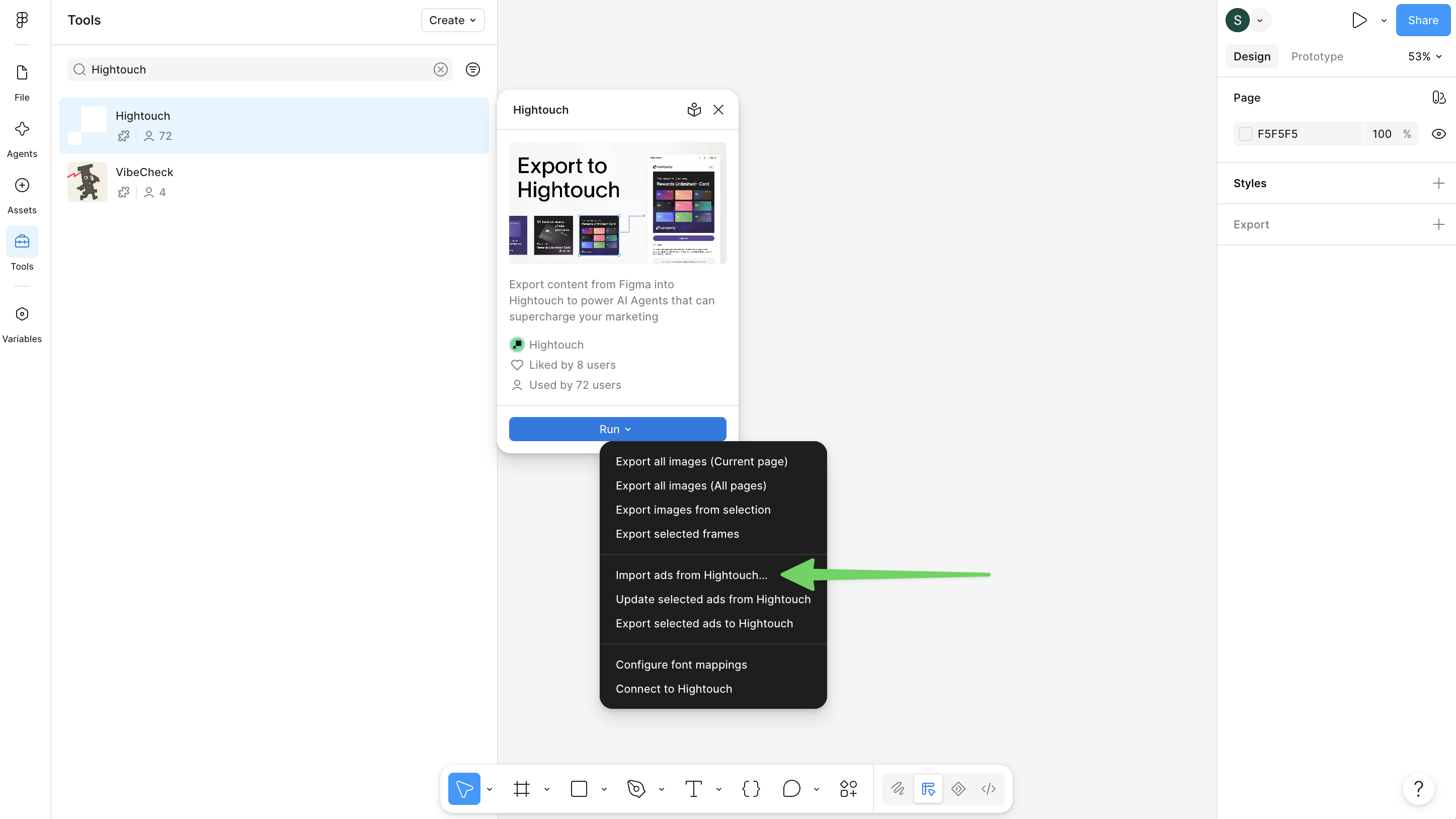 Hightouch plugin Run menu in the Figma Tools tab with Import ads from Hightouch highlighted