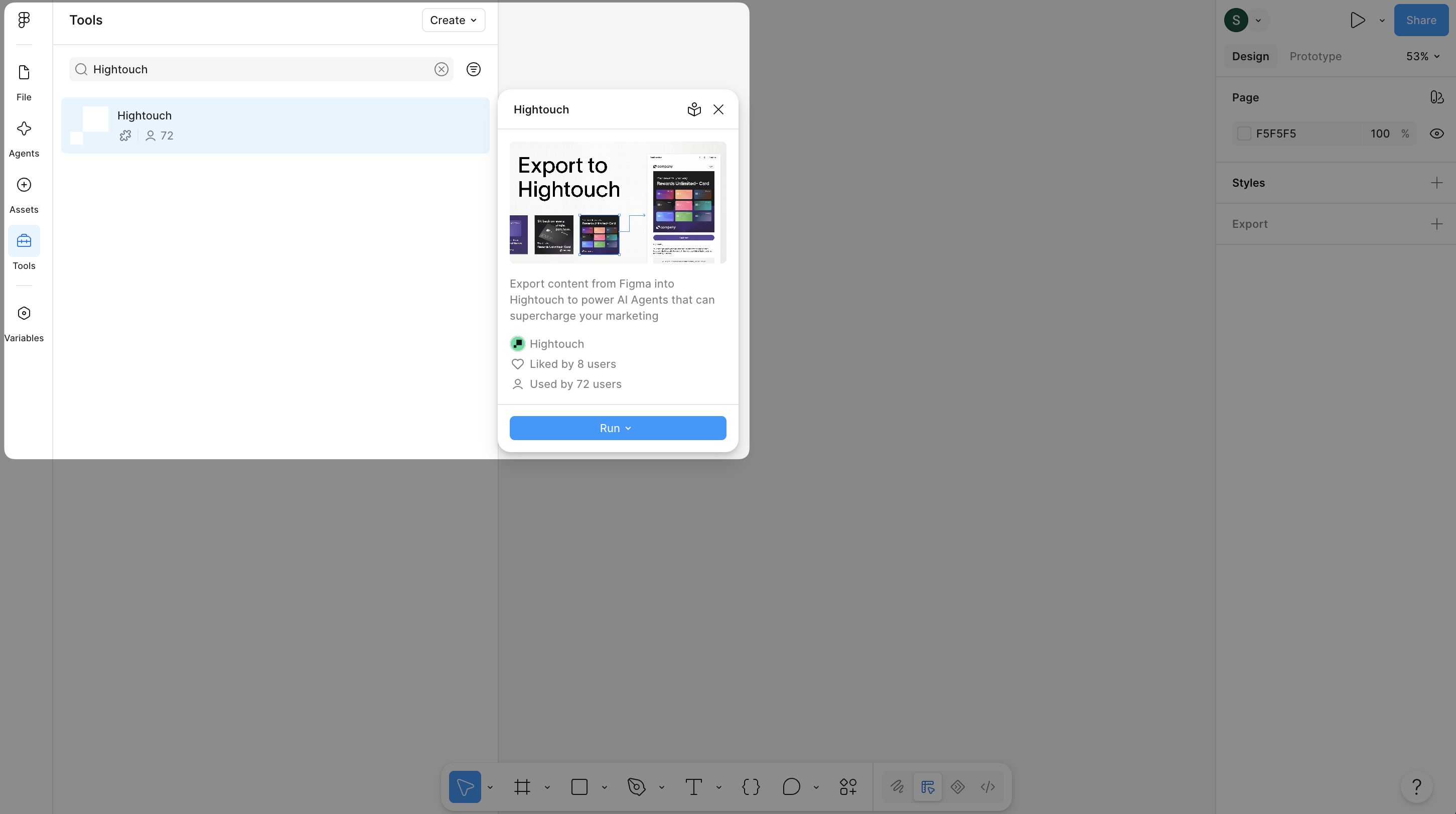 Figma Tools tab searching for Hightouch, with the plugin details and Run button open