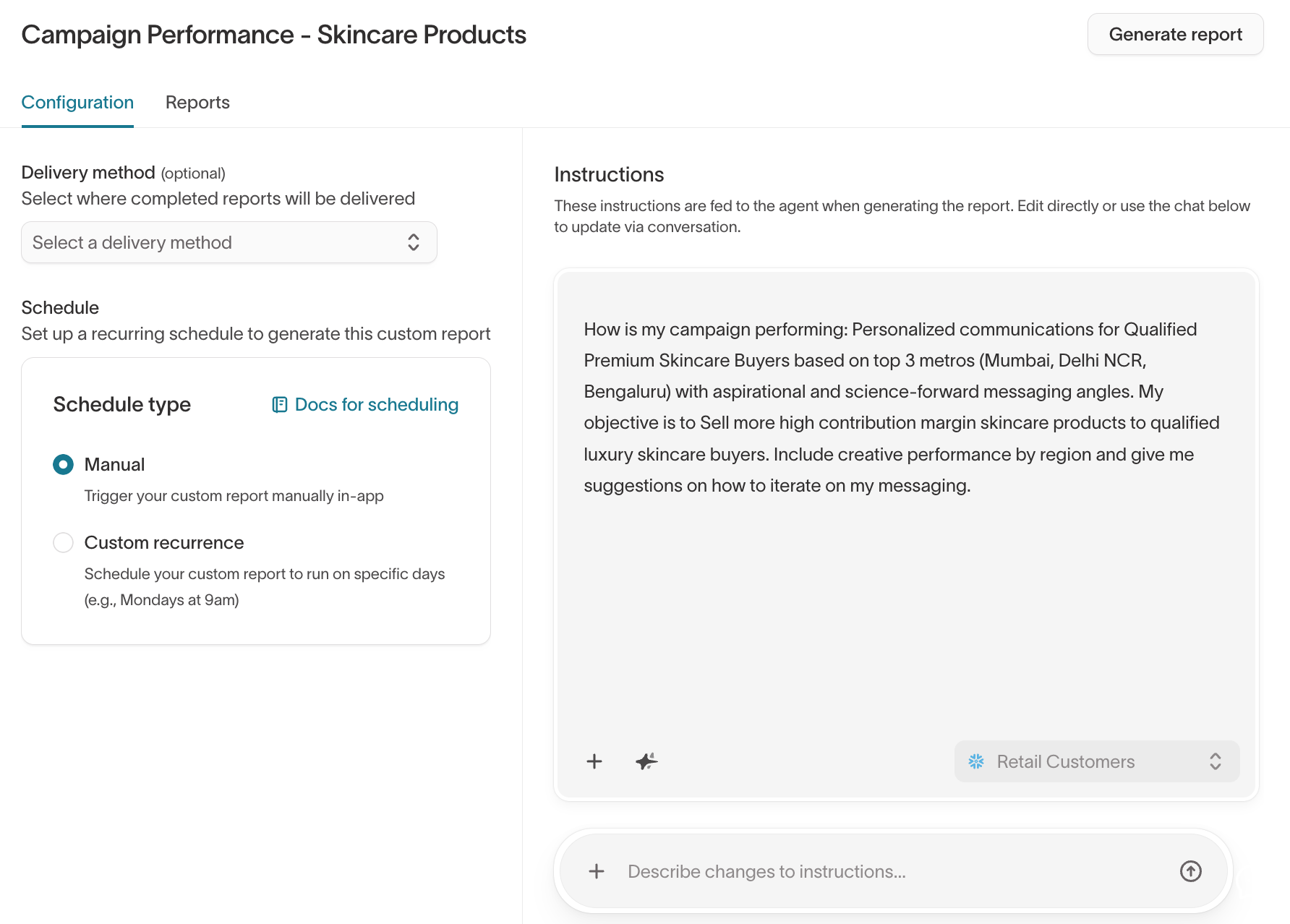 Report configuration with schedule and delivery options