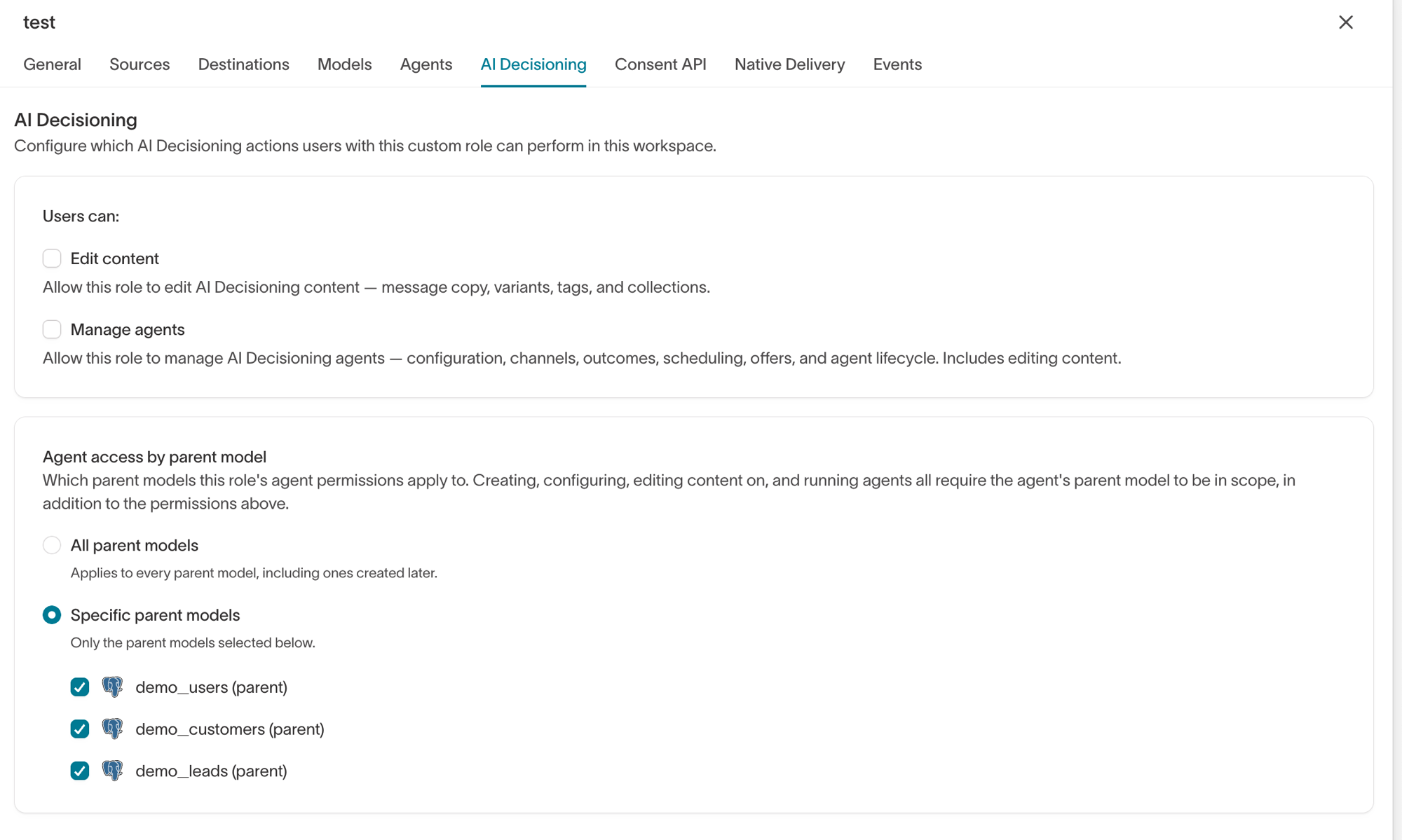 Agent access by parent model with specific parent models selected