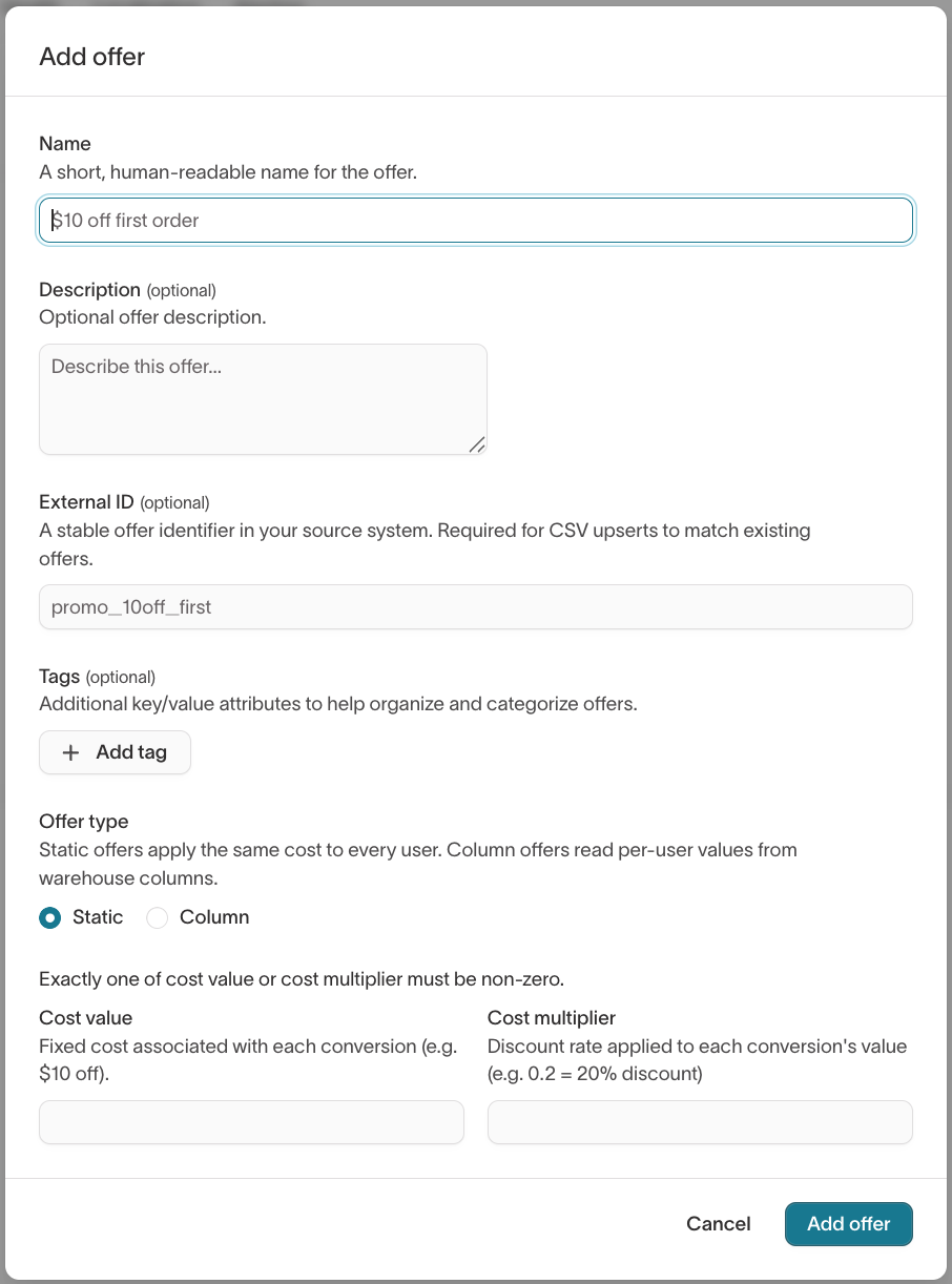 Add offer dialog