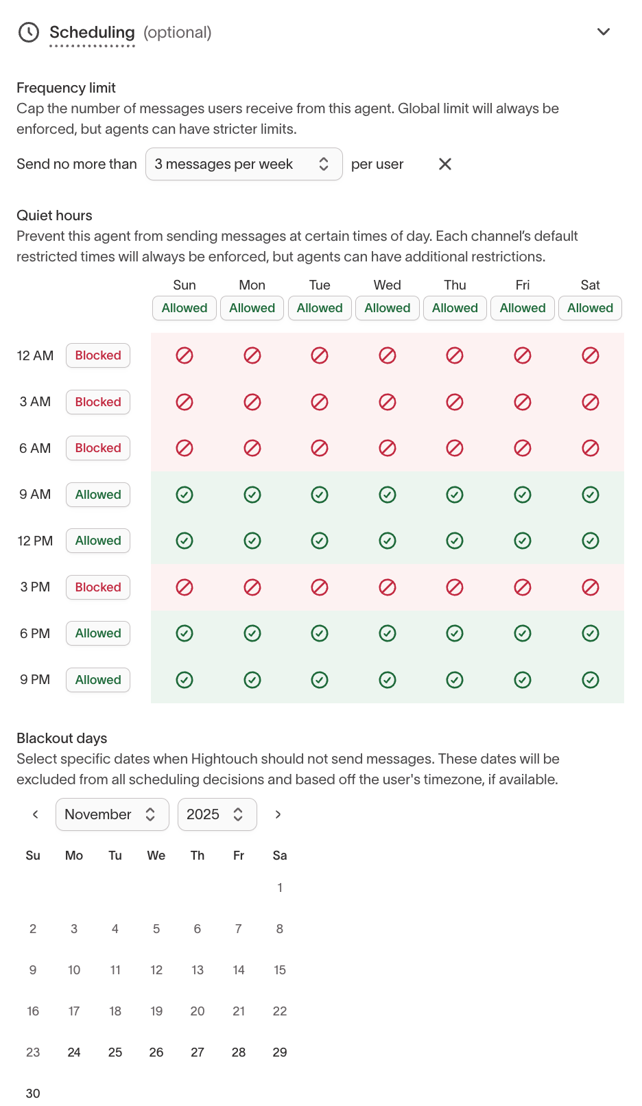 Scheduling configuration with quiet hours and blackout days