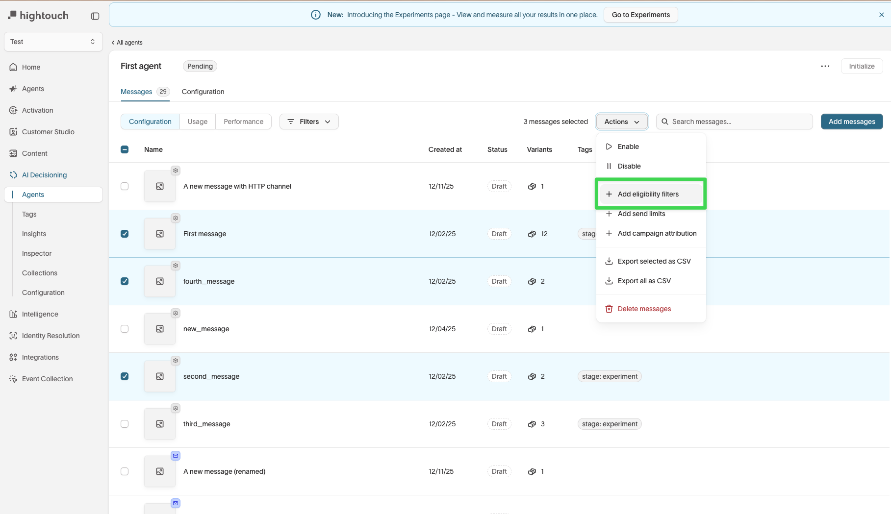 Bulk add eligibility filters in Messages UI