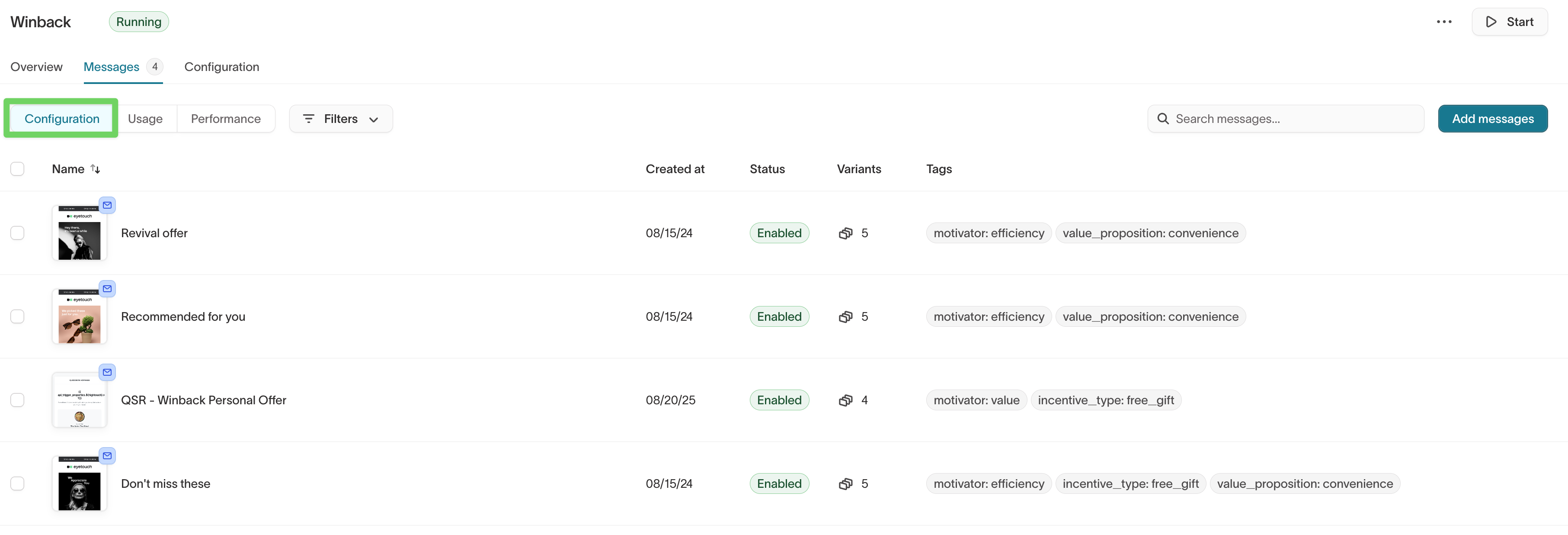 Configuration tab in Messages
