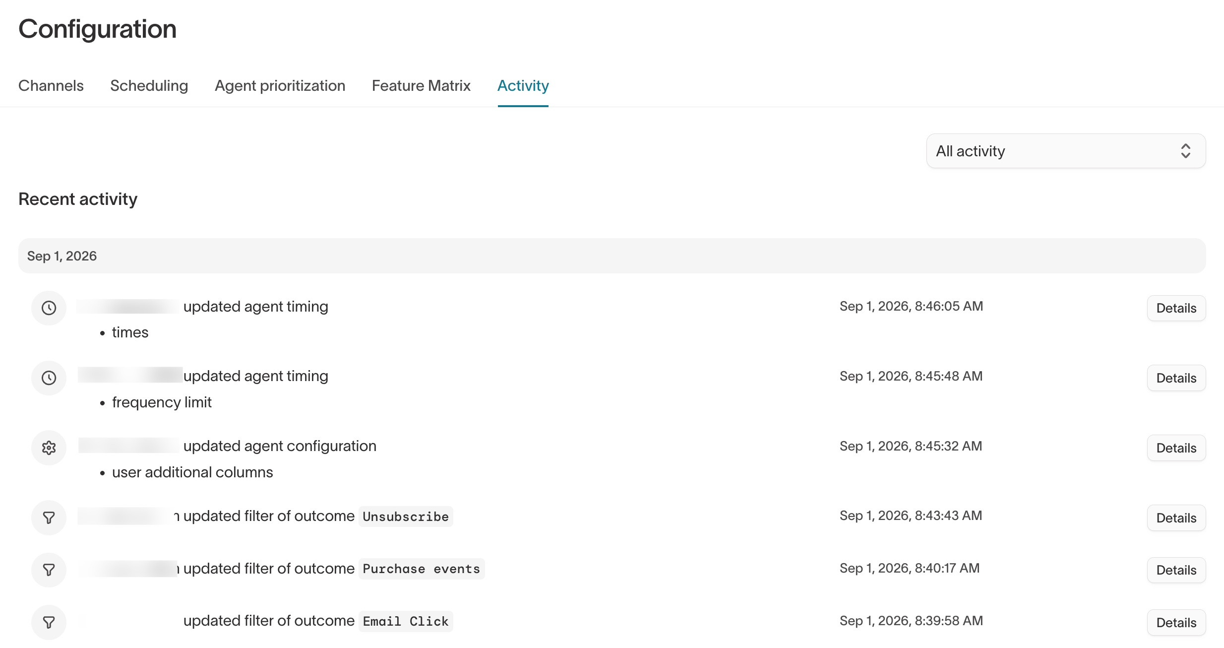 Activity log in configuration UI