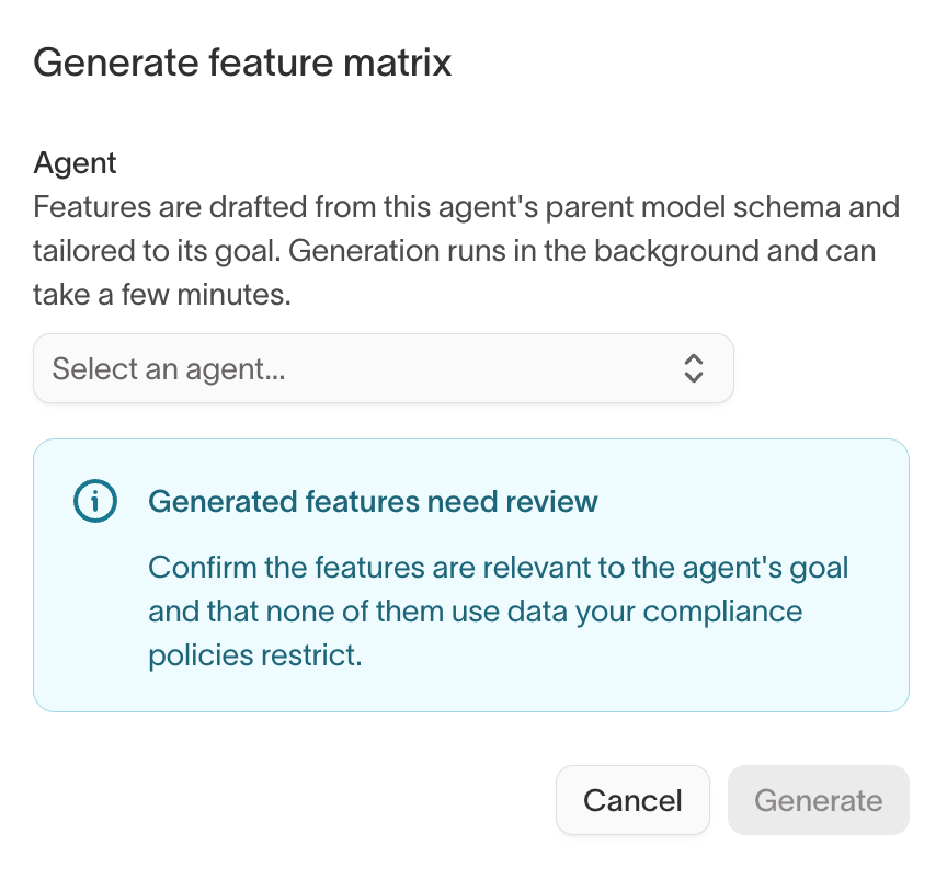 Generate feature matrix dialog