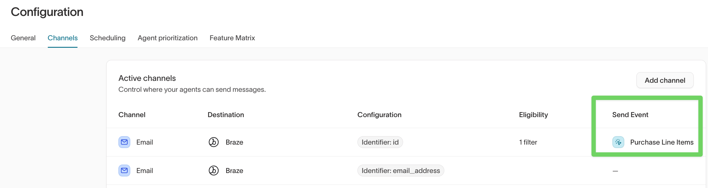 Active channels table with Send Event column
