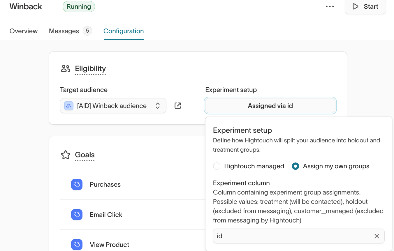 Group assignments used in the Hightouch UI to automatically populate reporting