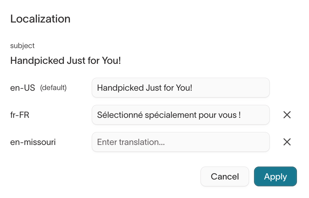 Localization dialog with a translation field for each configured locale, including a non-ISO locale