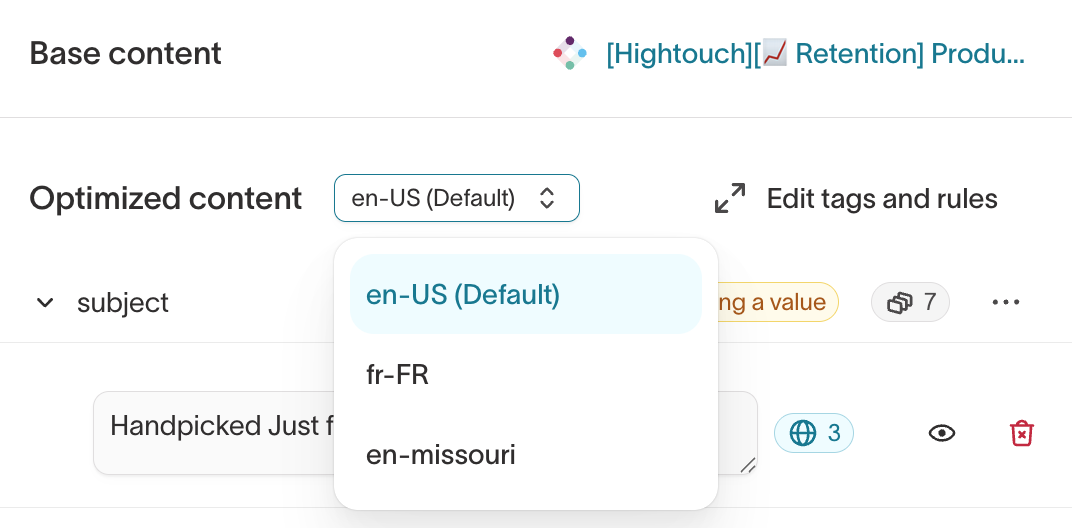 Locale dropdown and status badge showing variants missing a translation