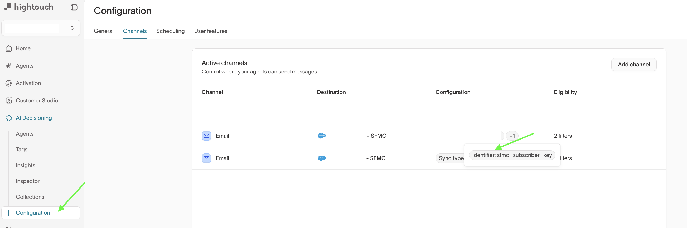 Channel configuration showing the identifier setting