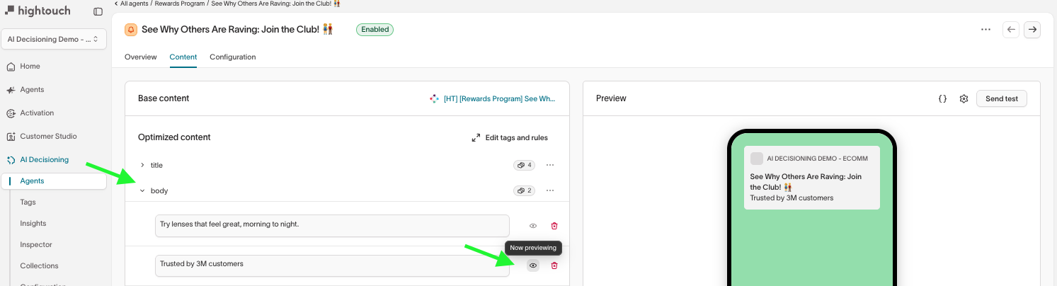 Previewing an SMS body variant