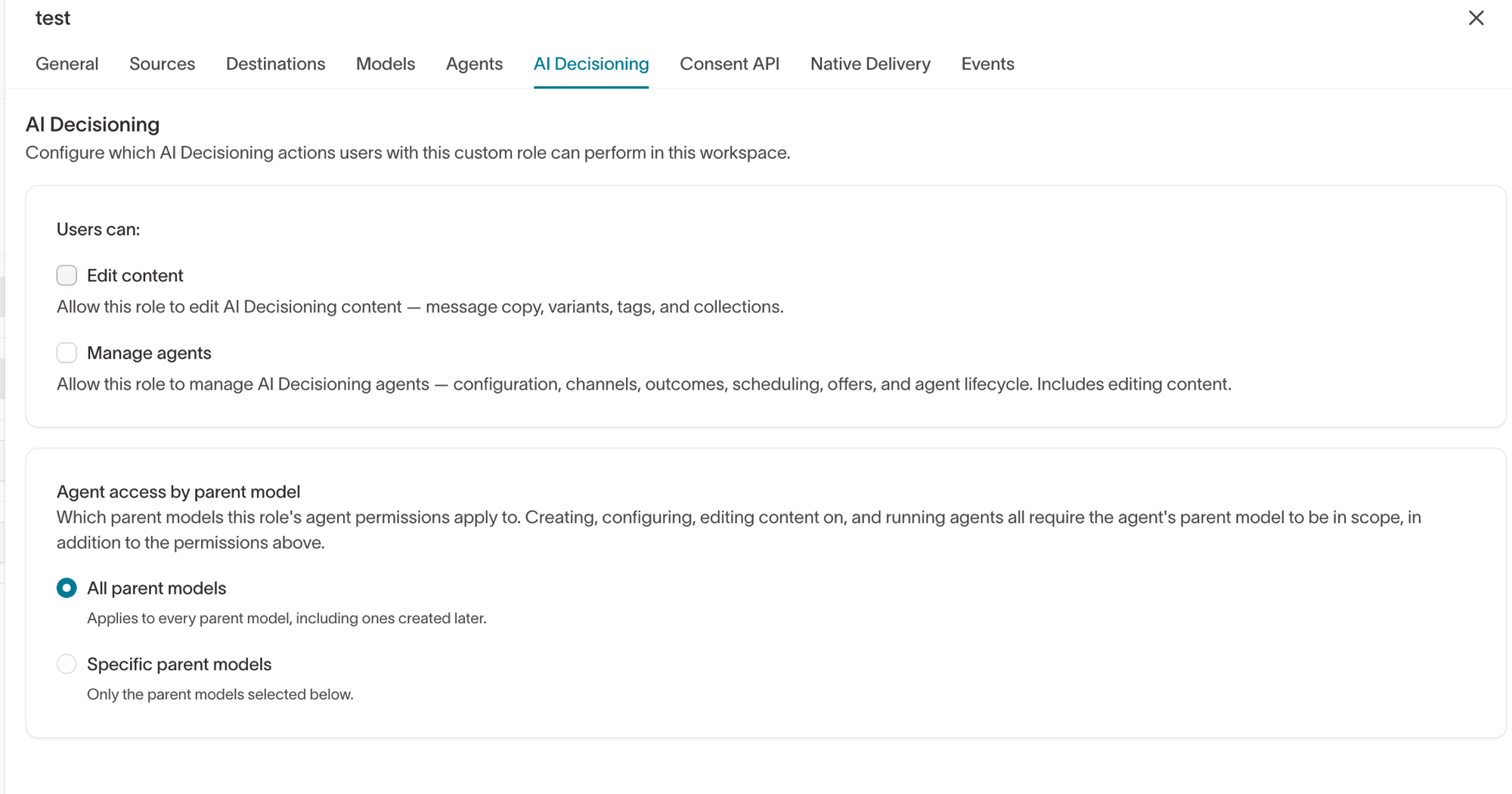 The AI Decisioning tab of the role editor, showing the Edit content and Manage agents capabilities and agent access by parent model