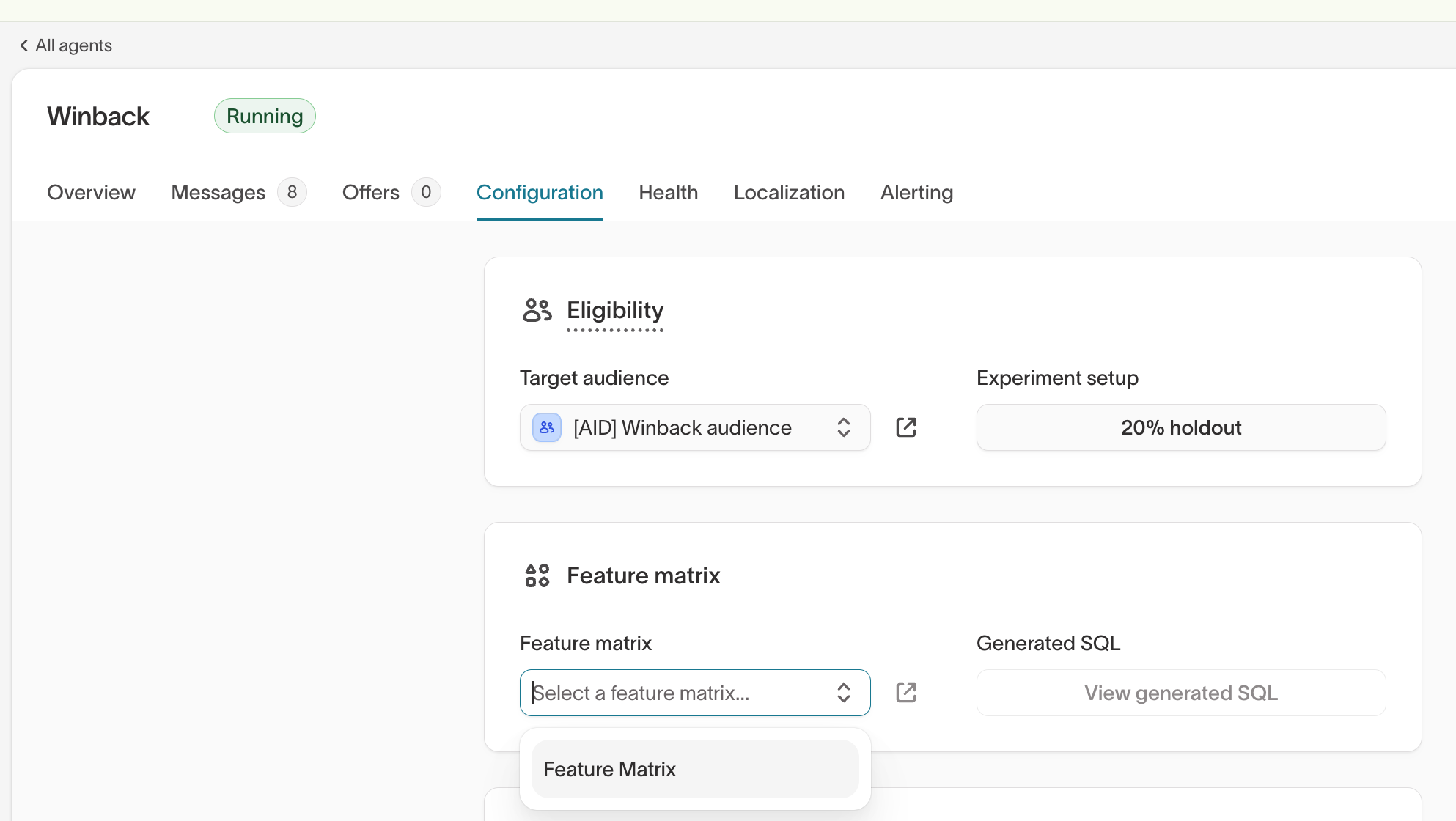 Agent Configuration tab showing the Feature matrix dropdown for attaching a matrix