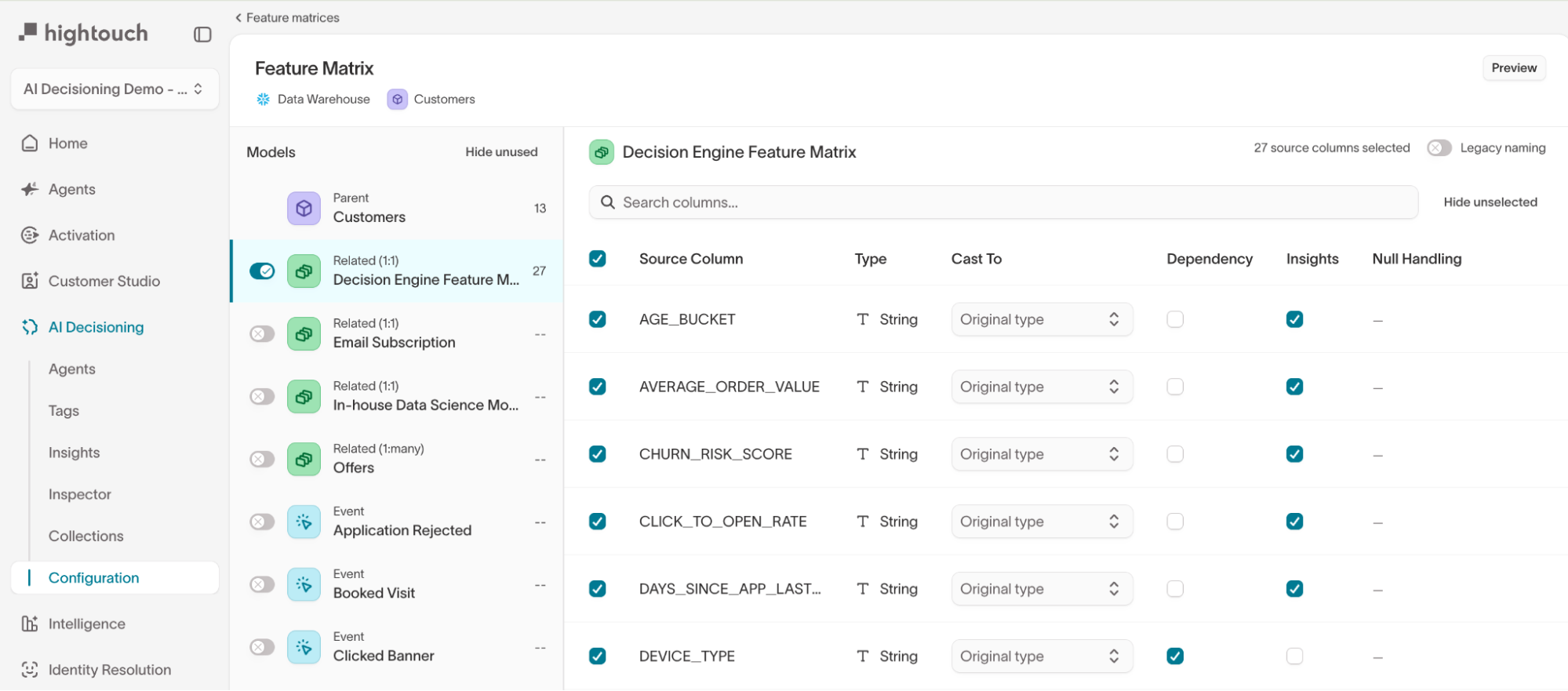 Feature Matrix Builder showing source columns from the data warehouse with type, cast, dependency, and insights settings