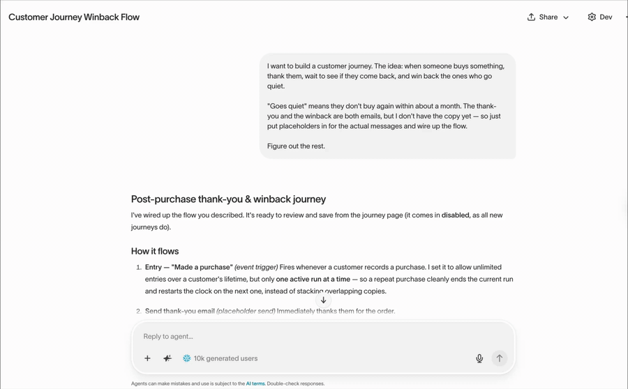 Creating a journey from a plain-language request in agent chat