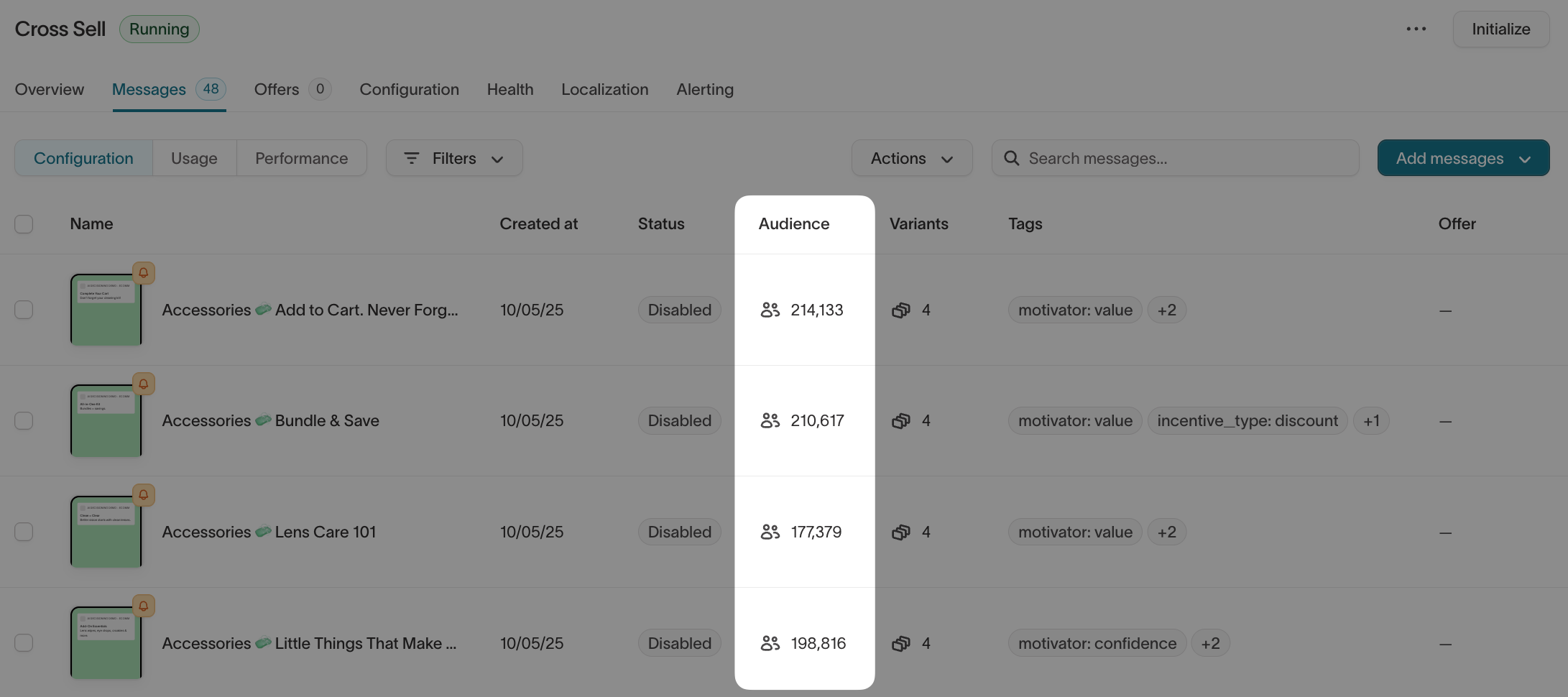 Audience size column in the AI Decisioning messages table