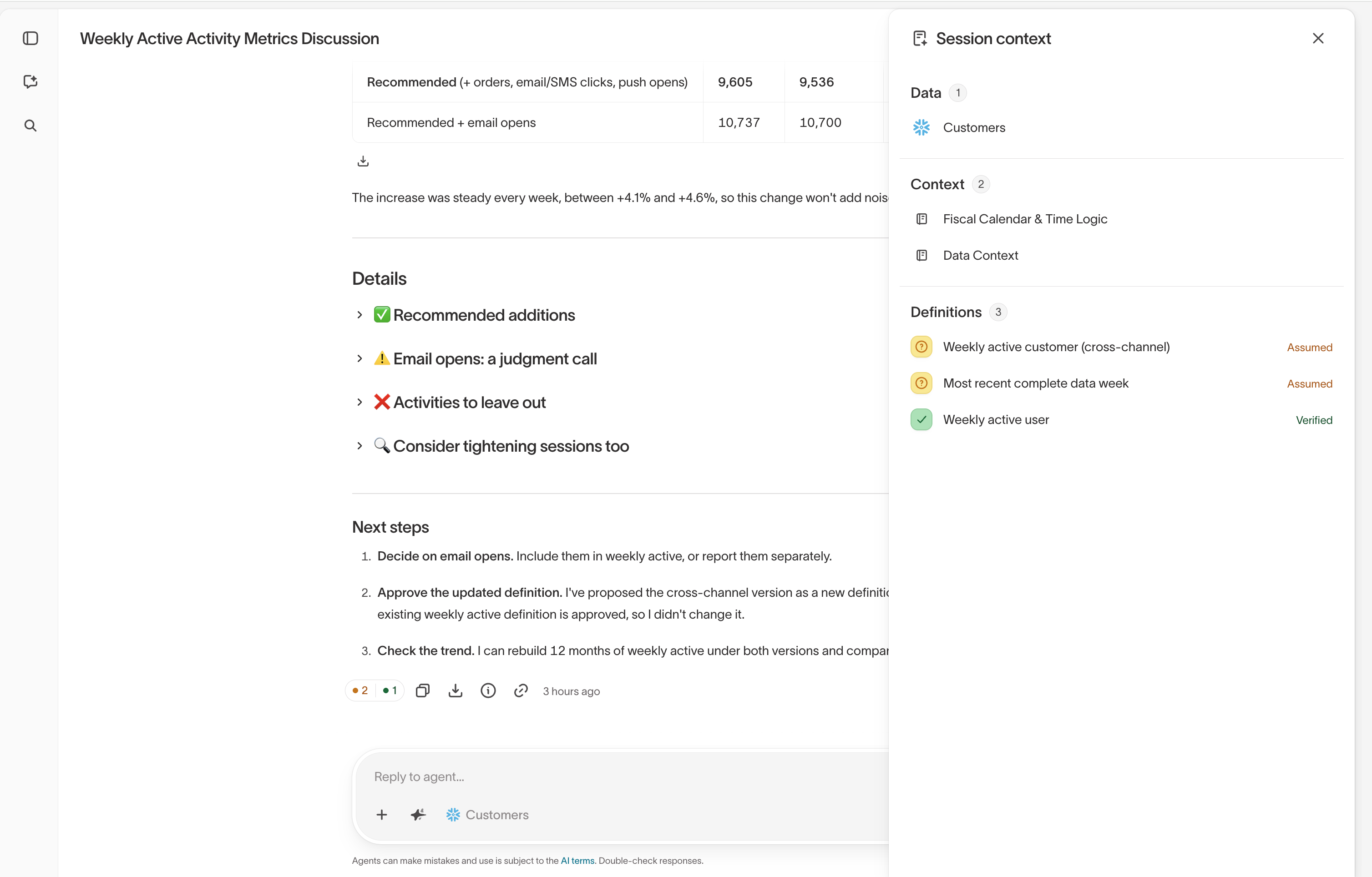 Session Context panel listing the data, context, and definitions used in a chat